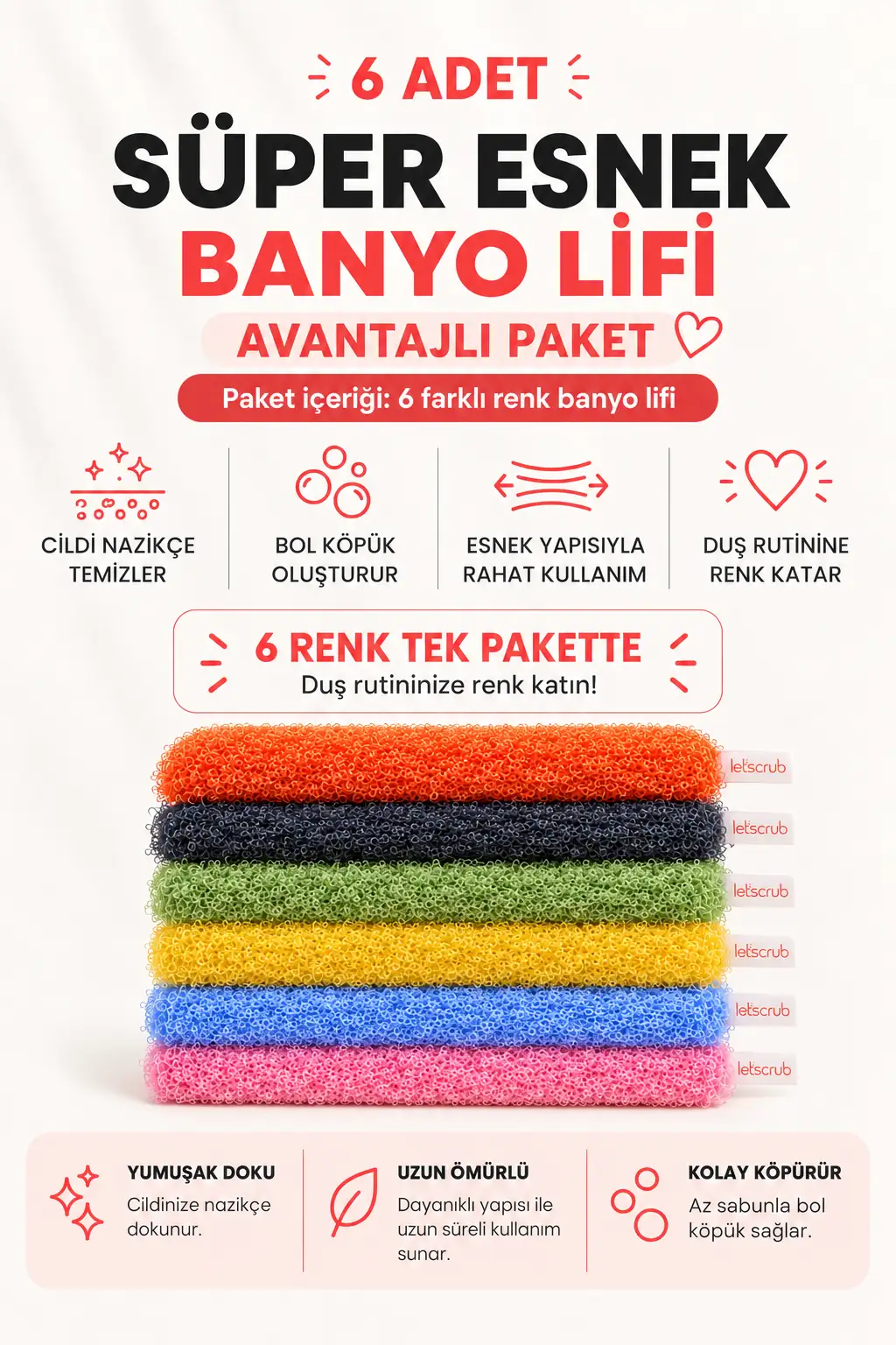 6 Adet Banyo Lifi Avantajlı Paket I Süper Esnek I 20x30 cm