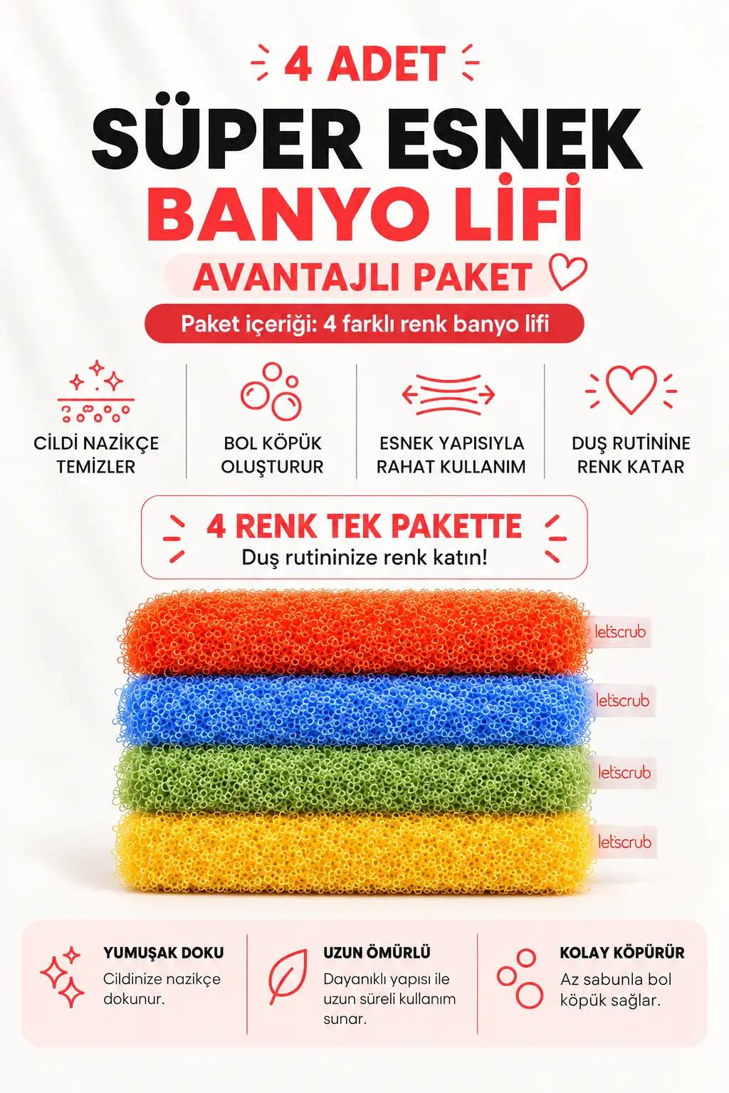 4 Adet Banyo Lifi Avantajlı Paket I Süper Esnek I 20x30 cm