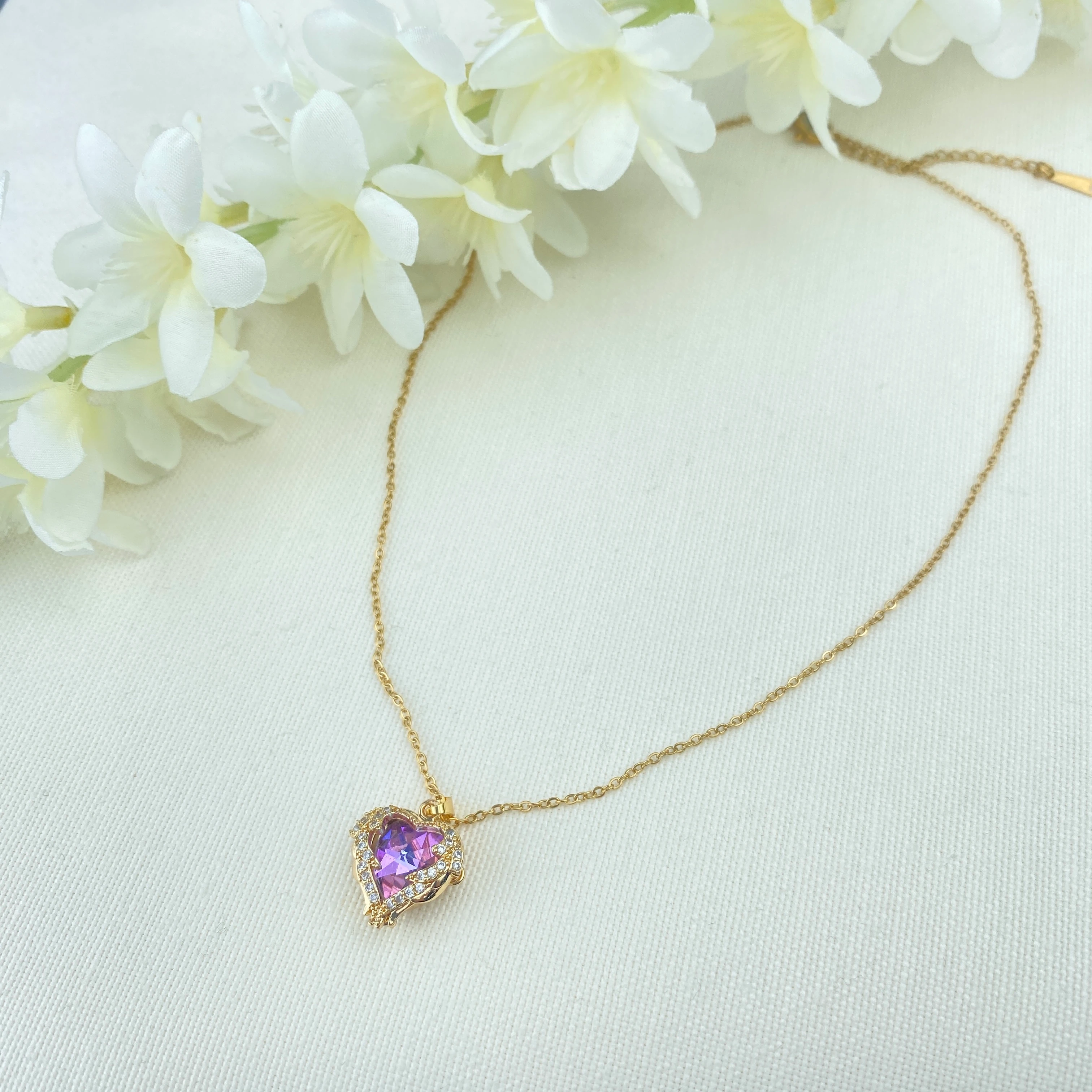 Mavi Mor Kolye Kalp Model Zirkon Taşlı Yüksek Kalite 316 L Paslanmaz Çelik Gold