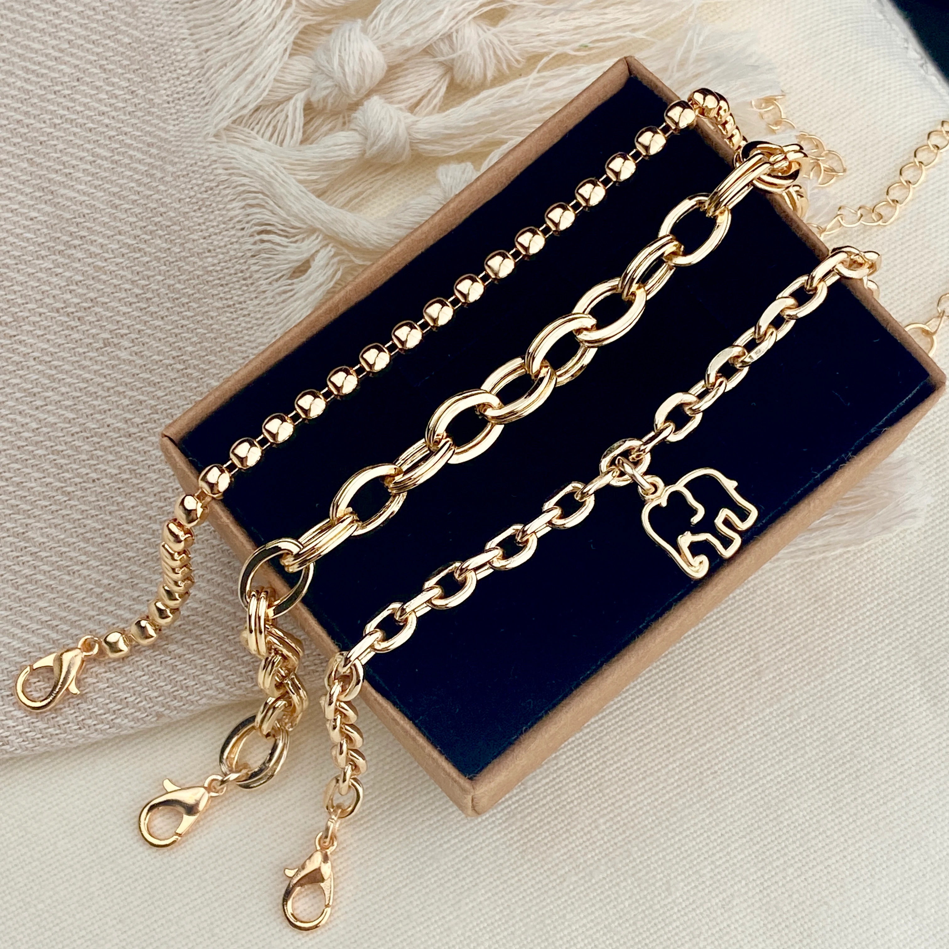 Kadın Bileklik 3 lü Kombin Bileklik Seti Fil Figürlü Zincir Bileklik