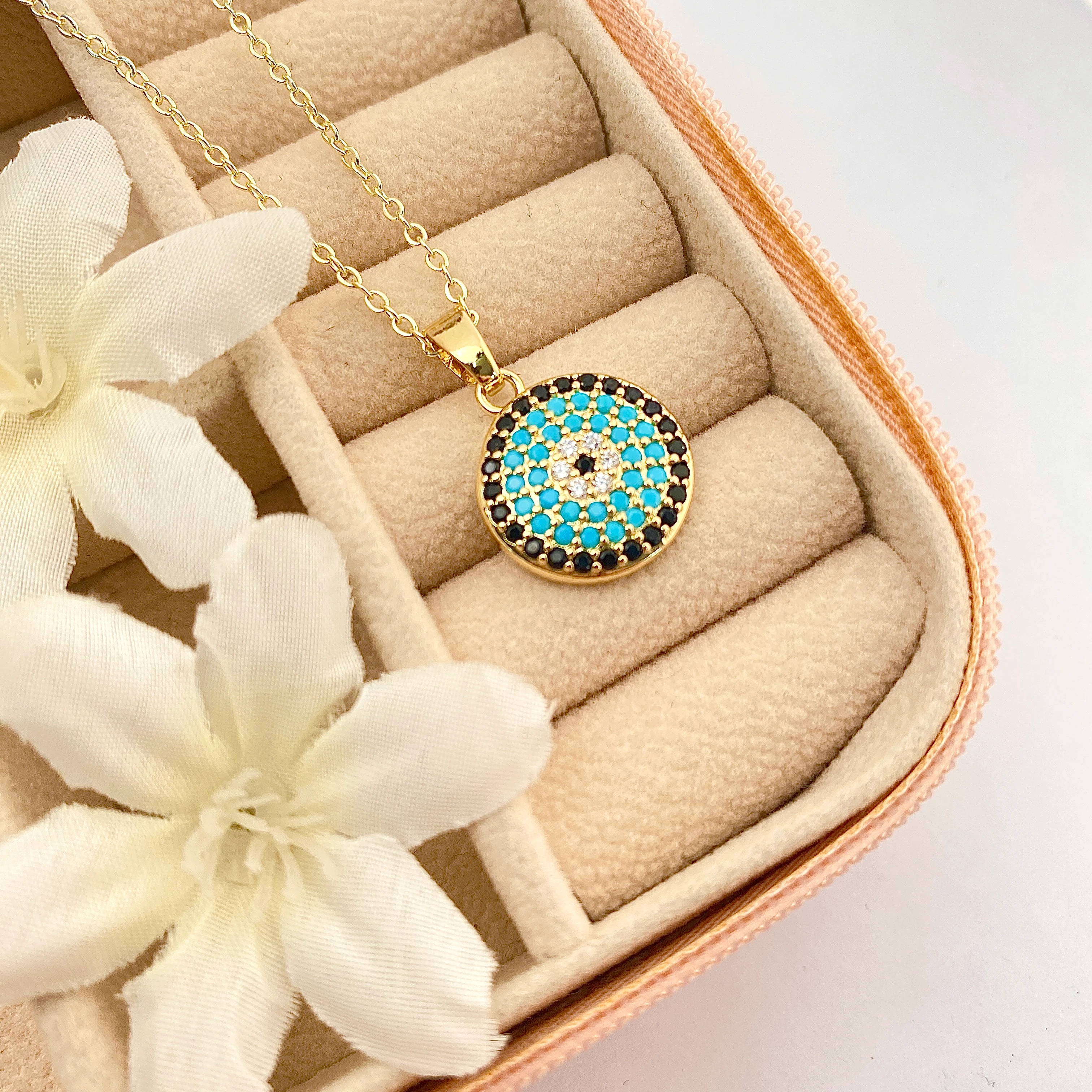 Nazar Boncuklu Kolye Kuyumcu Model Kolye Çelik 14 Ayar Gold 45cm