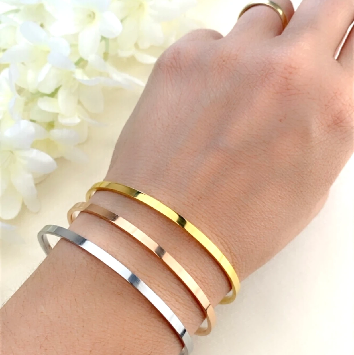 Çelik Ajda Bilezik Köşeli 3lü Çelik Ajda Bilezik Kararmaz Çelik Gold 22 cm