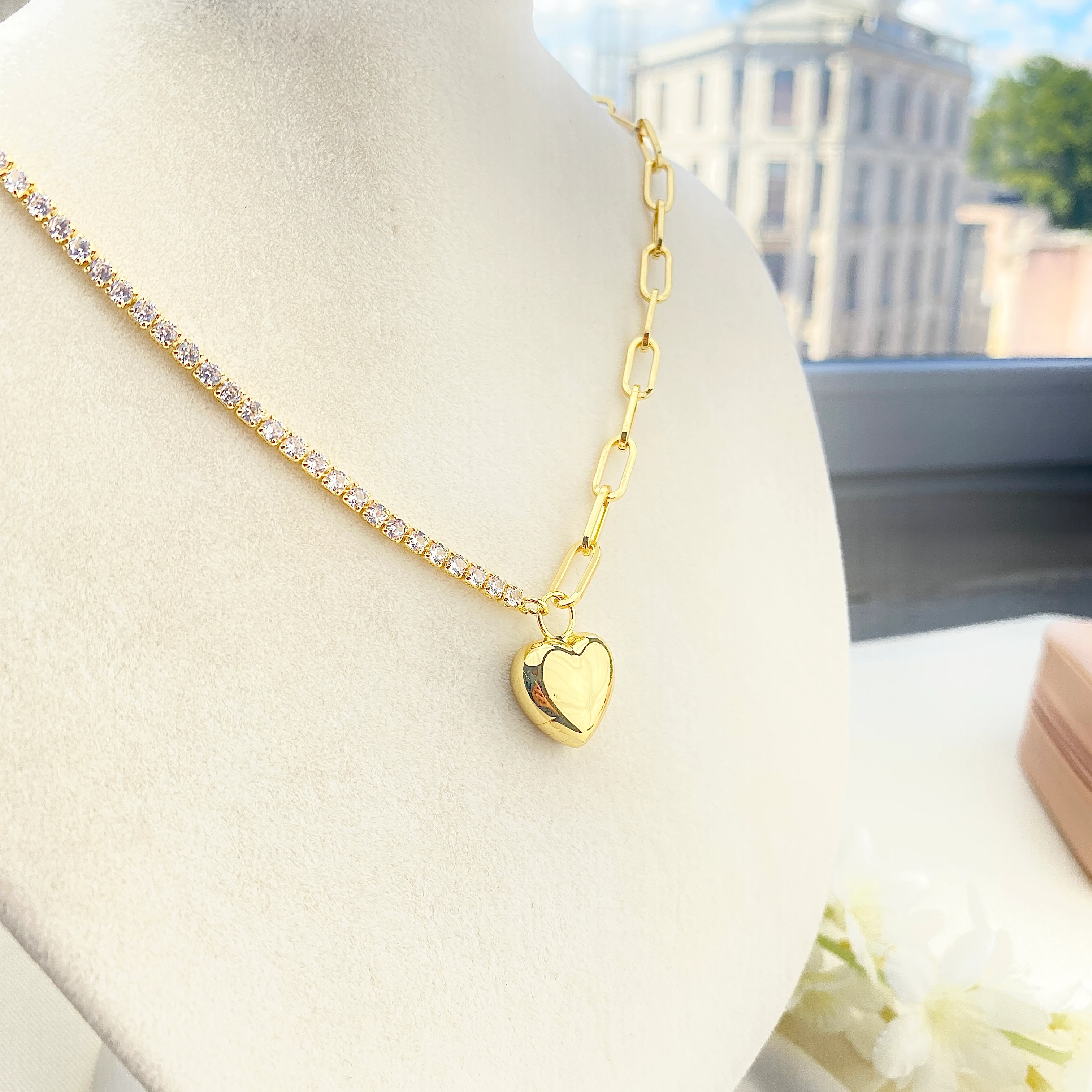 Ataç Zincir Kolye Suyolu Yıldız ve Kalp Uçlu Tasarım Gold Kolye