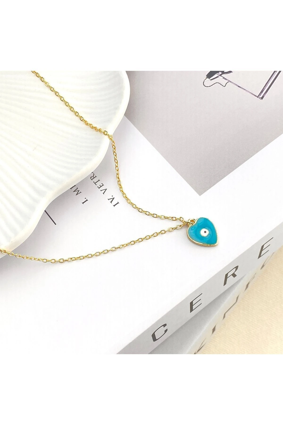 Mineli Kolye Mineli Kalp Nazar Boncuklu Gold 45 cm