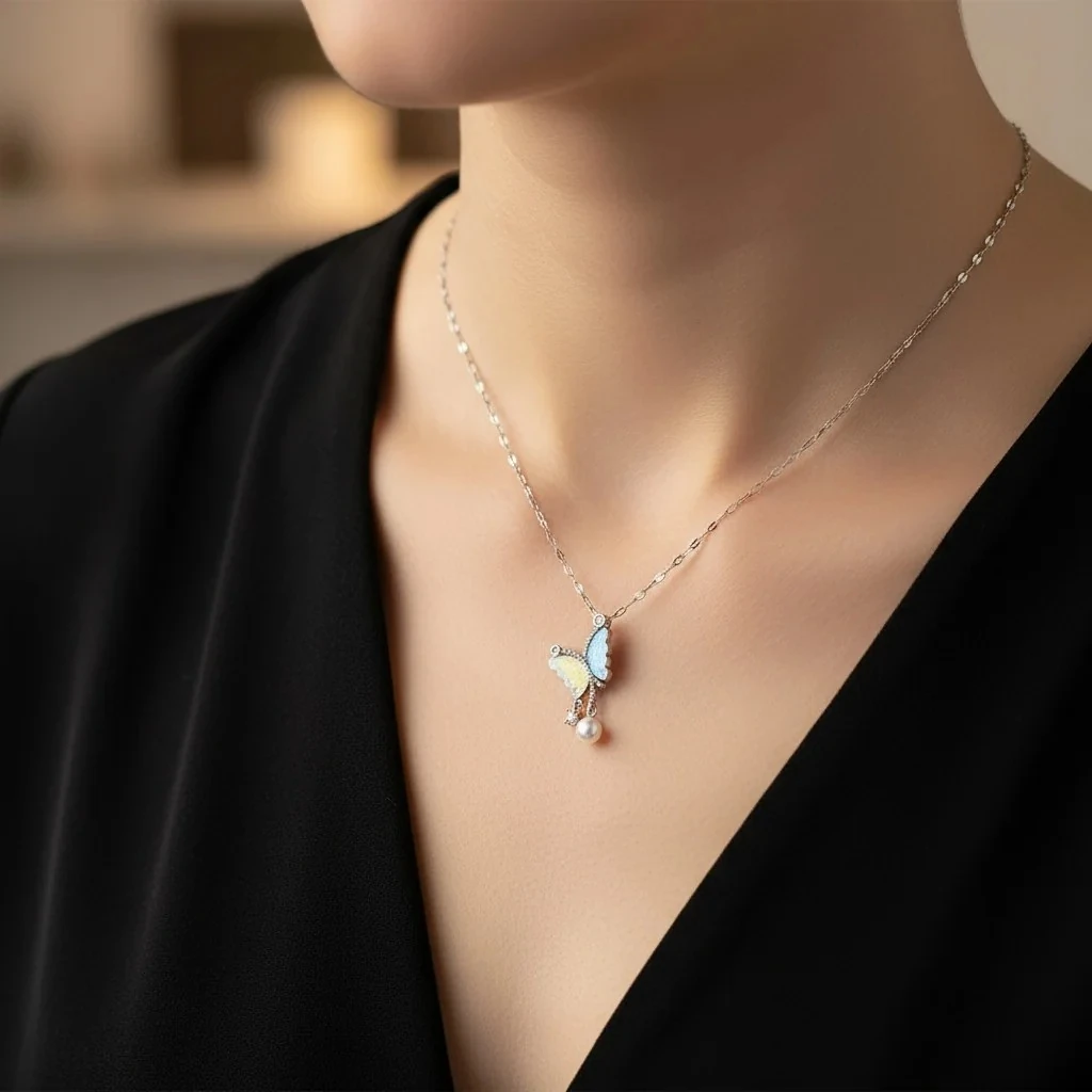 Kadın Kolye Zirkon Taşlı İnci Kelebek Kolye Gümüş 45cm