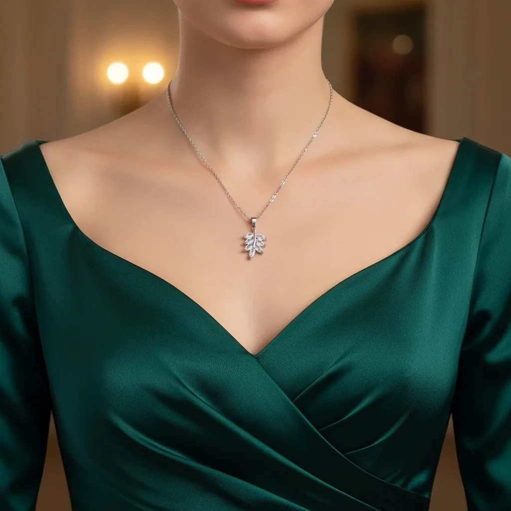 Yaprak Kolye Zirkon Taşlı Salkım Yaprak Modeli Çelik