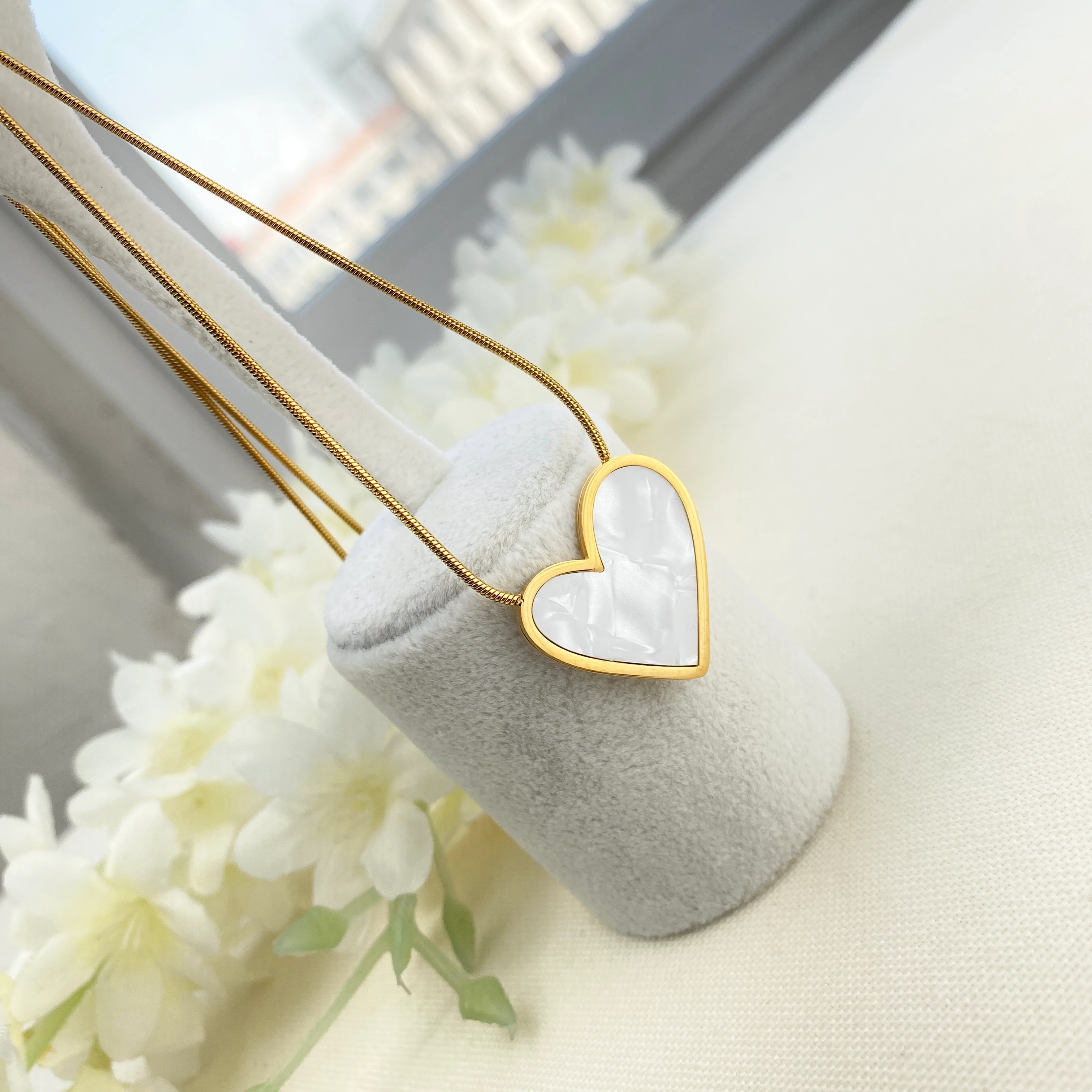 Kadın Kalp Kolye Sedef Kalp Kolye 316 L Paslanmaz Çelik Gold 41+5cm