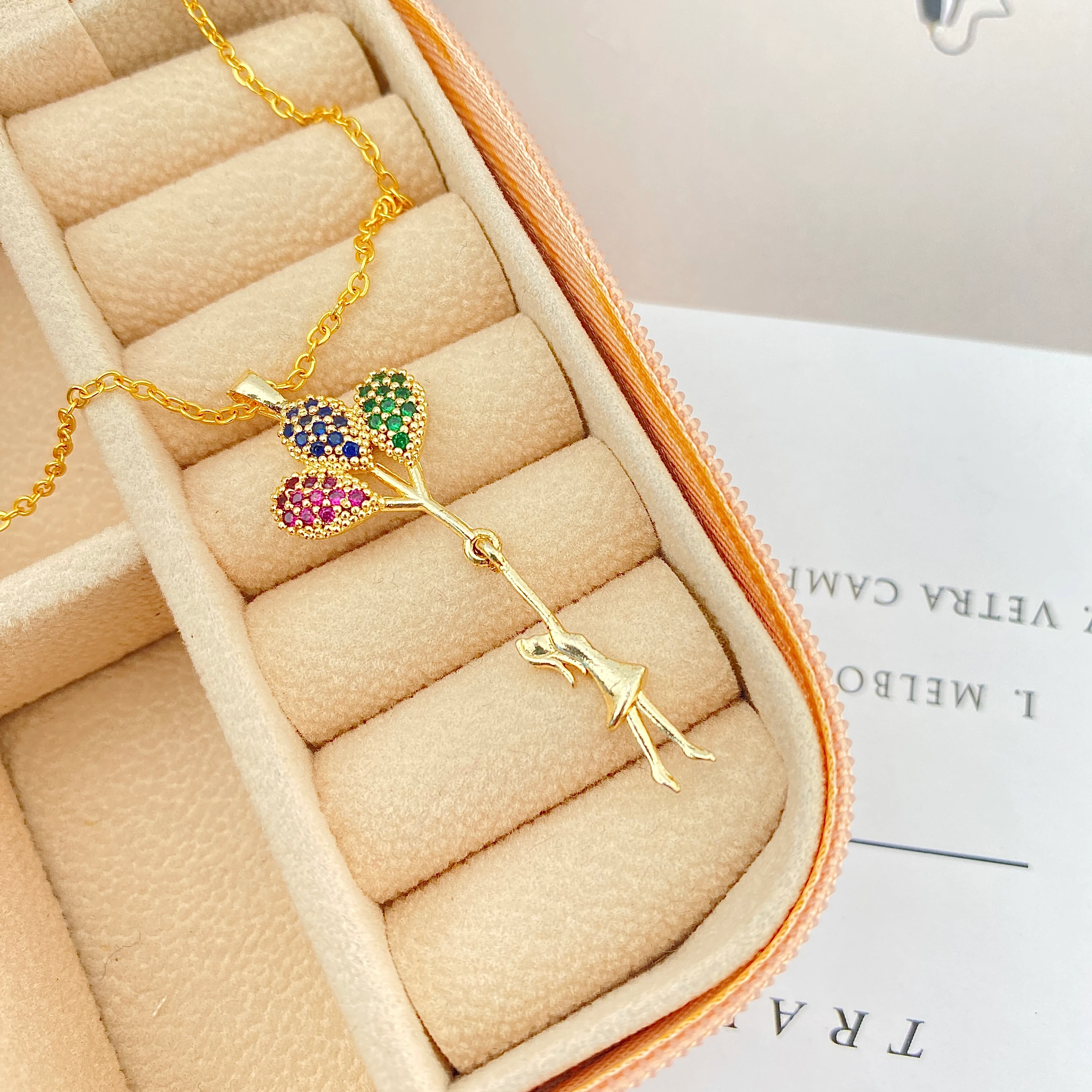 Balonlu Kız Kolye Uçan Balon Kadın Kolye Zirkon Taşlı Gold 45cm