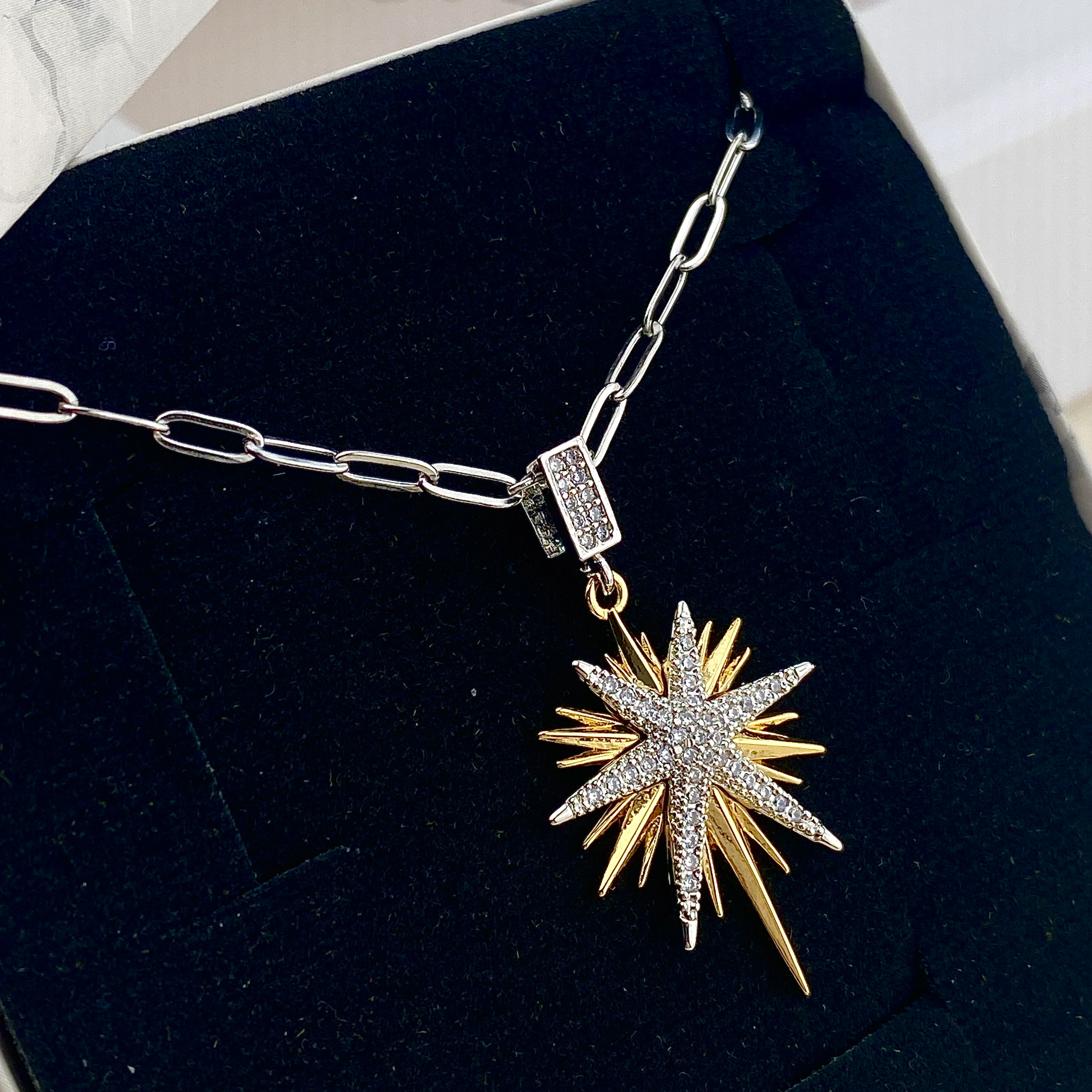 Kutup Yıldızı Kolye Çelik Kuzey Yıldızı Zirkon Taşlı 60+5cm