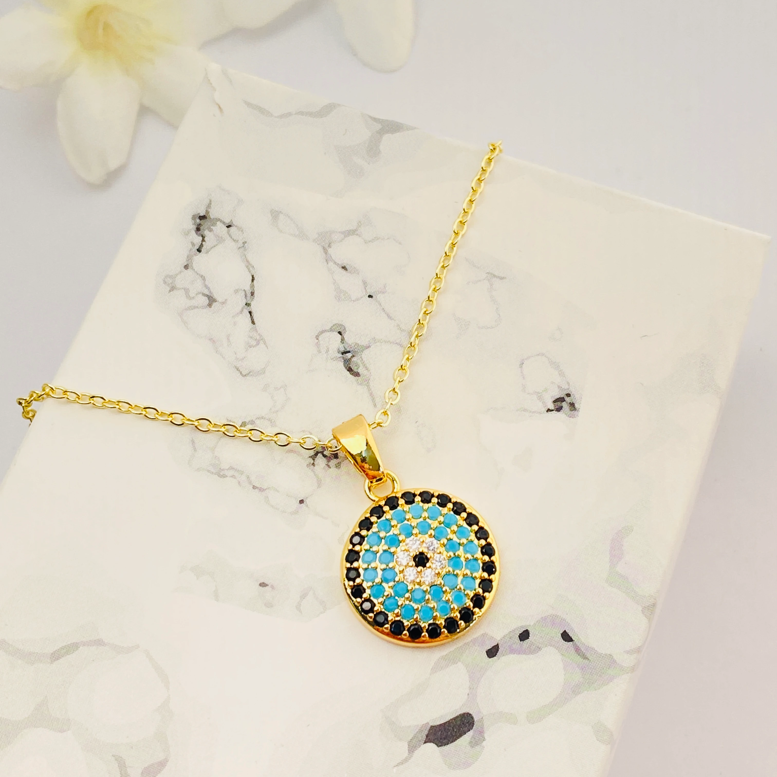 Nazar Boncuklu Kolye Kuyumcu Model Kolye Çelik 14 Ayar Gold 45cm