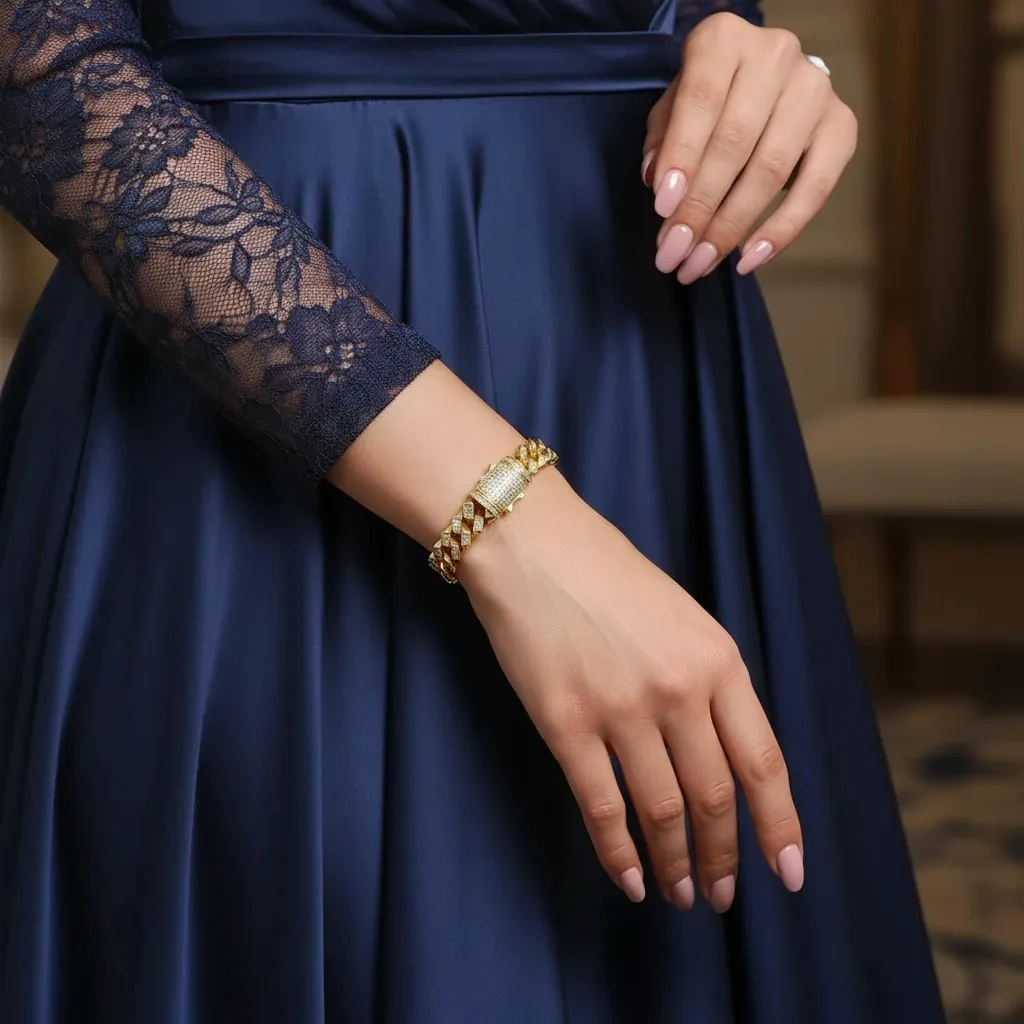 Gurmet Bileklik Tam Tur Zirkon Taşlı Kalın Zincir Çelik Kararmaz Xuping 14Ayar Gold 20cm