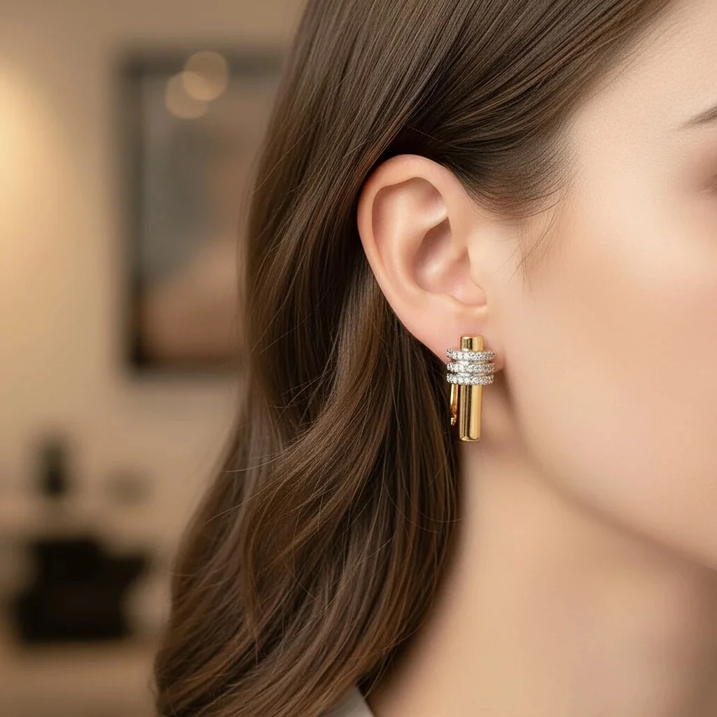 Kadın Küpe Trend Model Zirkon Taşlı Çelik Küpe Gold