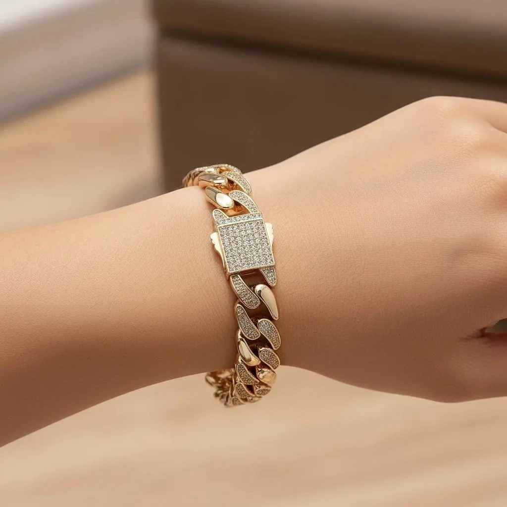 Gurmet Bileklik Tam Tur Zirkon Taşlı Kalın Zincir Çelik Kararmaz Xuping Rose 1,4cm