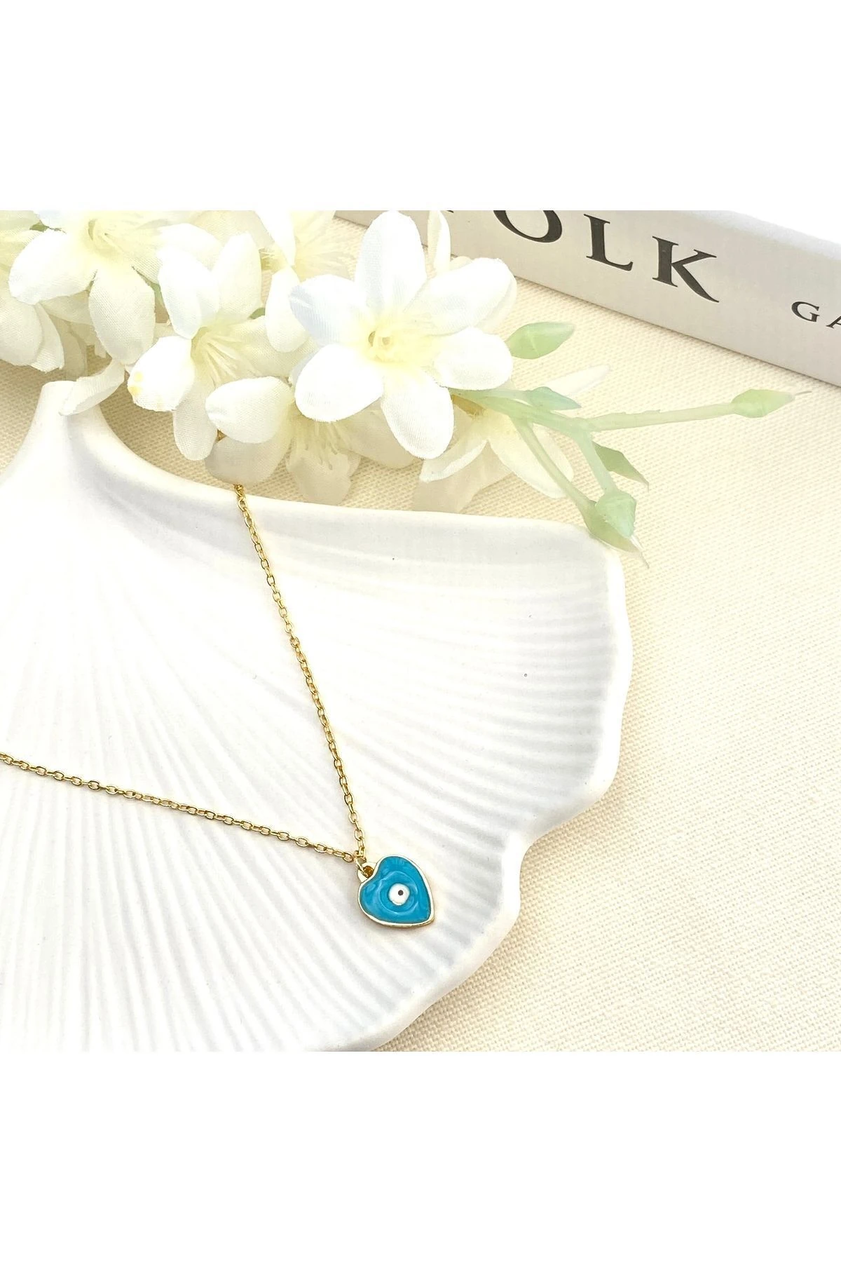 Mineli Kolye Mineli Kalp Nazar Boncuklu Gold 45 cm