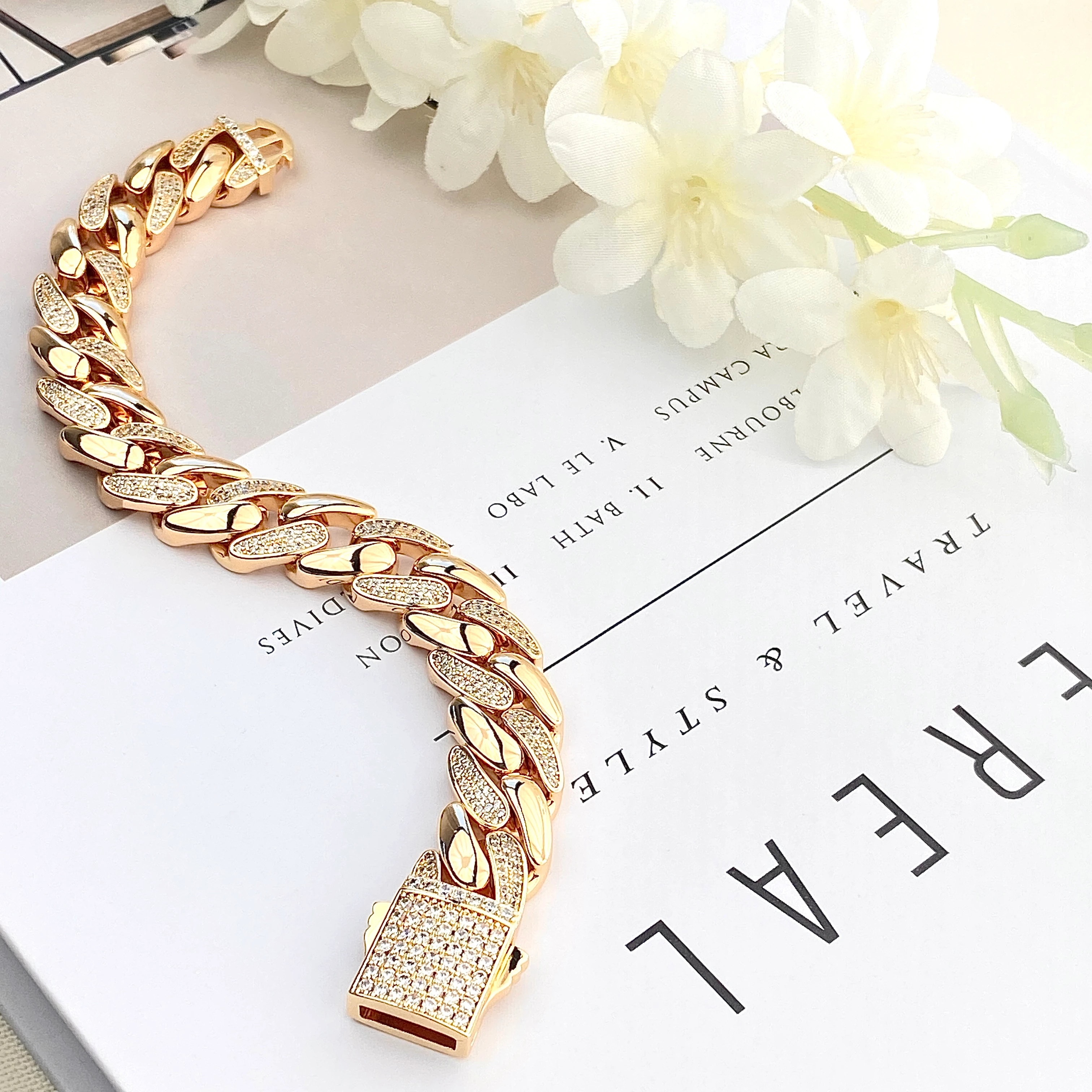 Gurmet Bileklik Tam Tur Zirkon Taşlı Kalın Zincir Çelik Kararmaz Xuping Rose 1,4cm