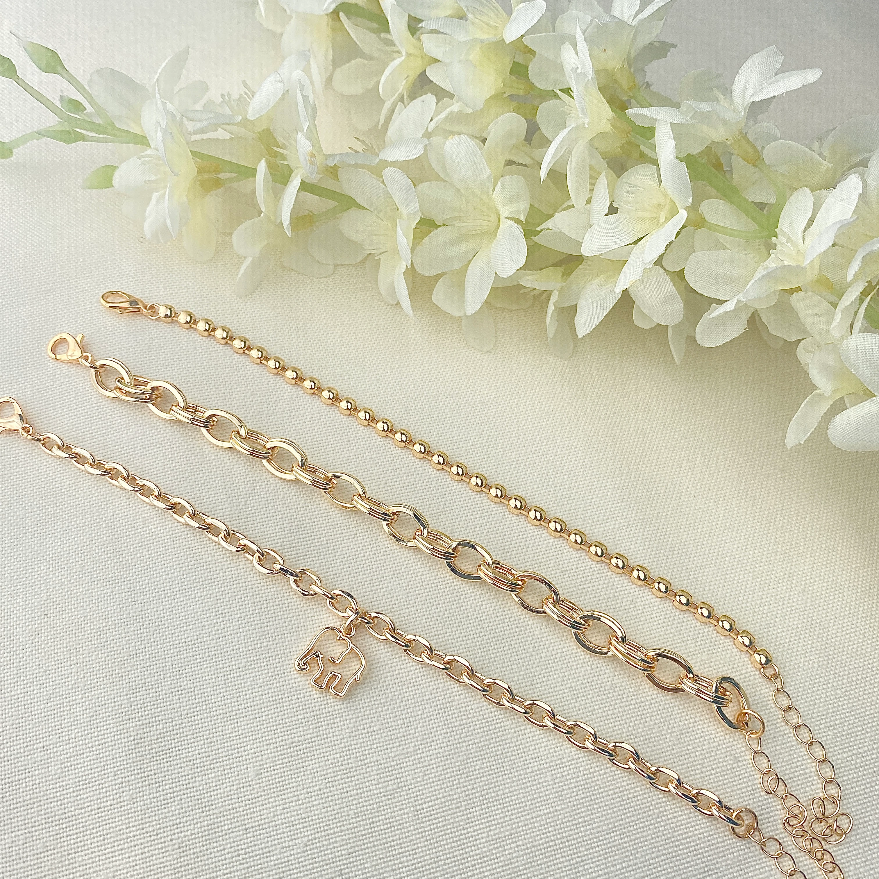 Kadın Bileklik 3 lü Kombin Bileklik Seti Fil Figürlü Zincir Bileklik