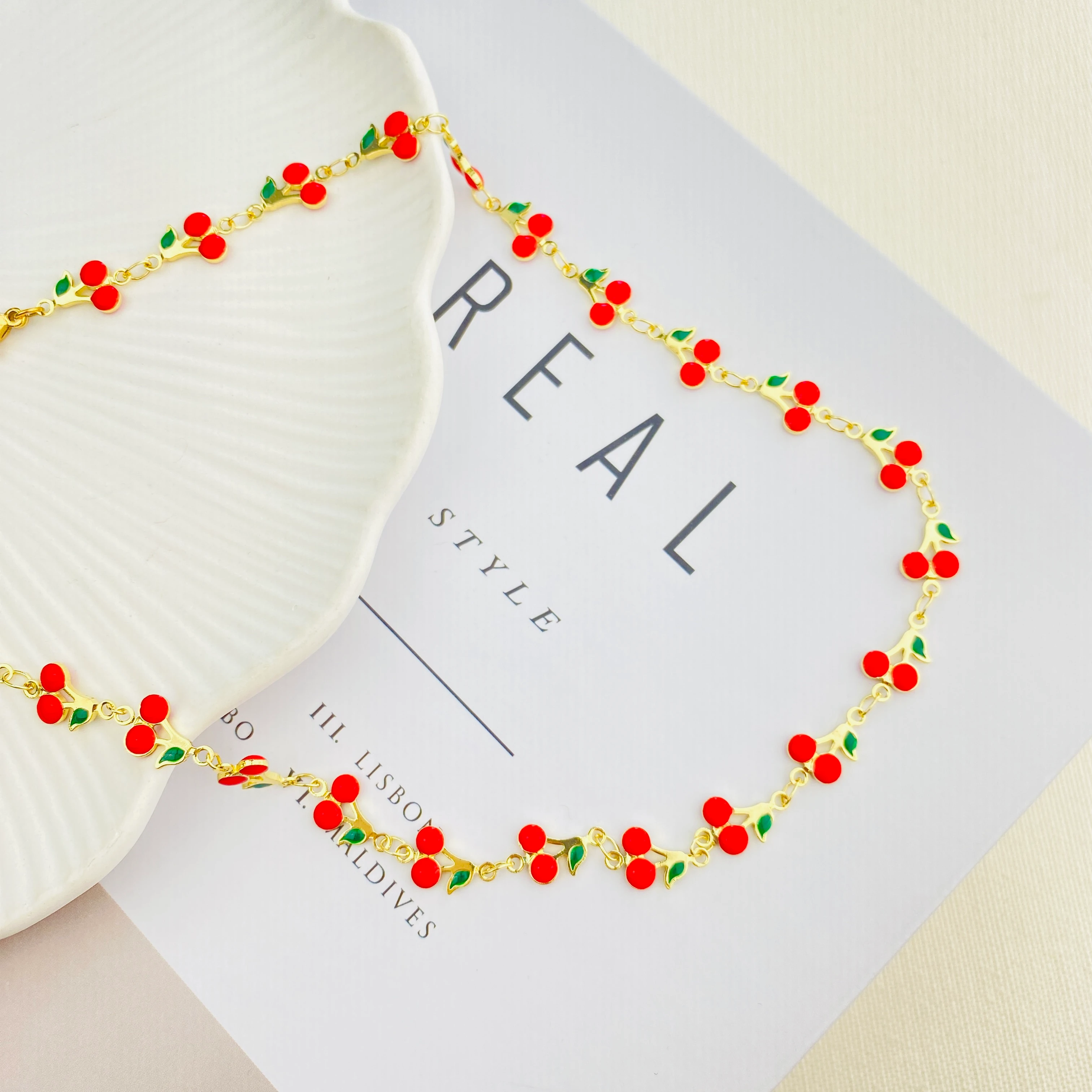 Kiraz Kolye Mineli Yaz Kolyesi Kararmaz Çelik Gold 45cm