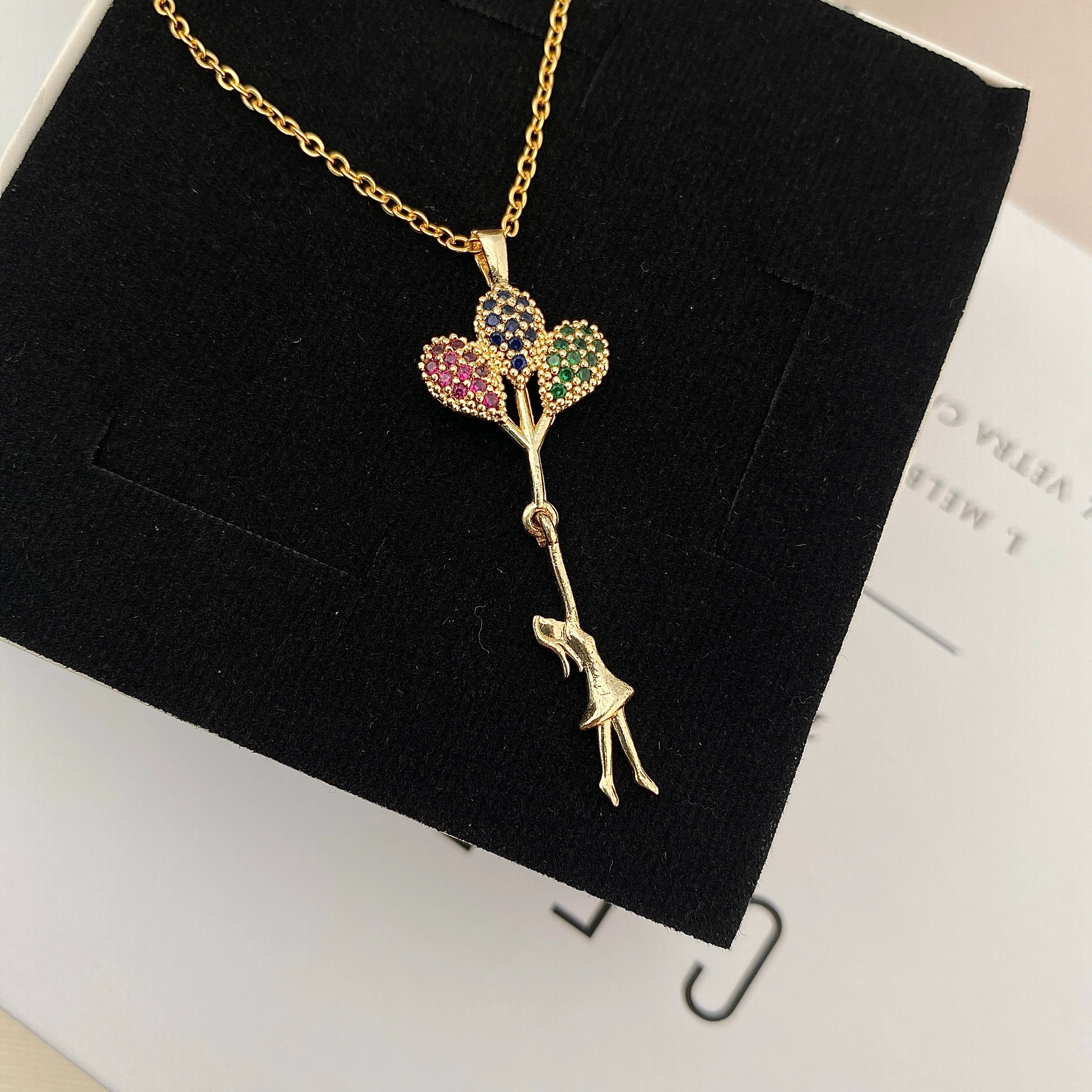 Balonlu Kız Kolye Uçan Balon Kadın Kolye Zirkon Taşlı Gold 45cm