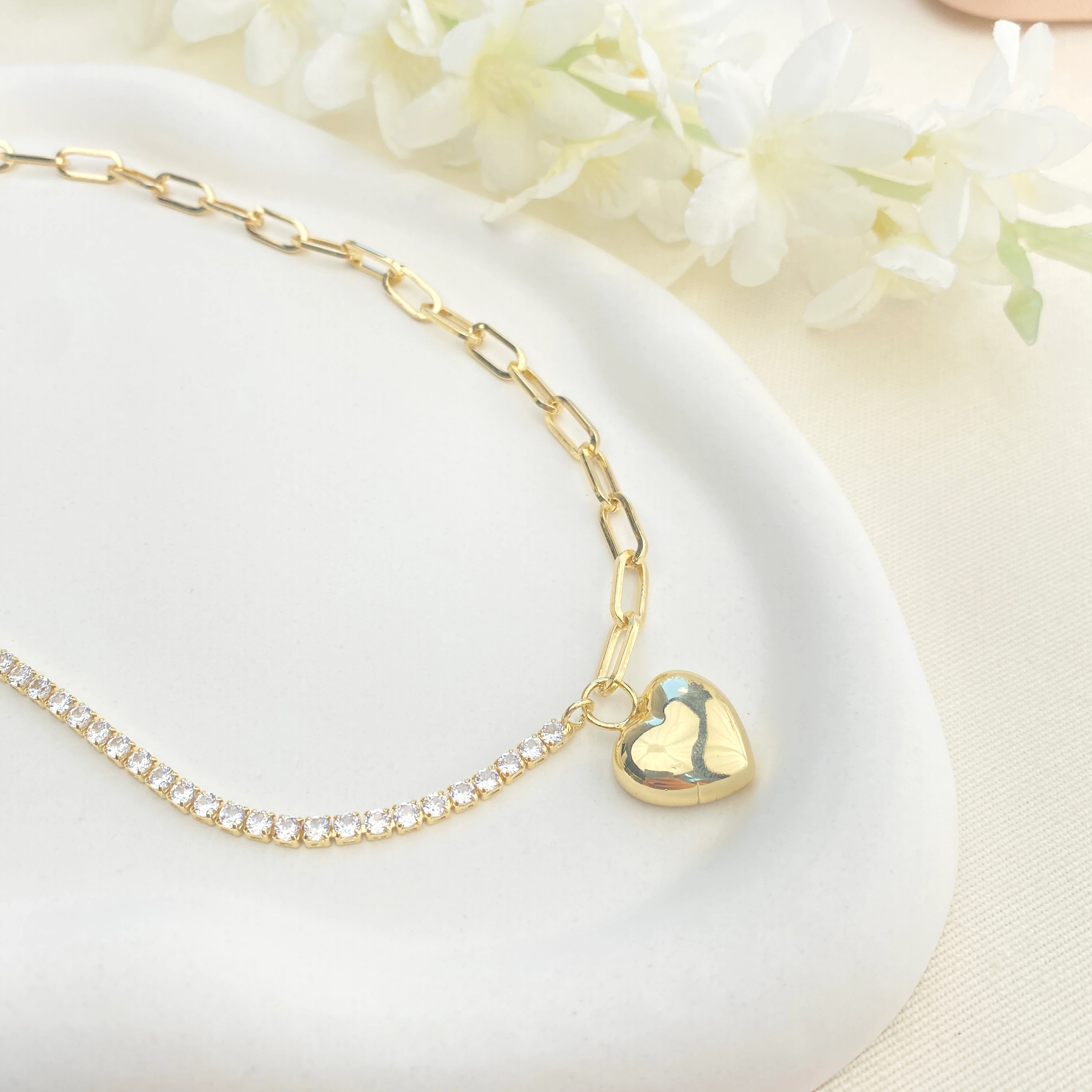 Ataç Zincir Kolye Suyolu Yıldız ve Kalp Uçlu Tasarım Gold Kolye