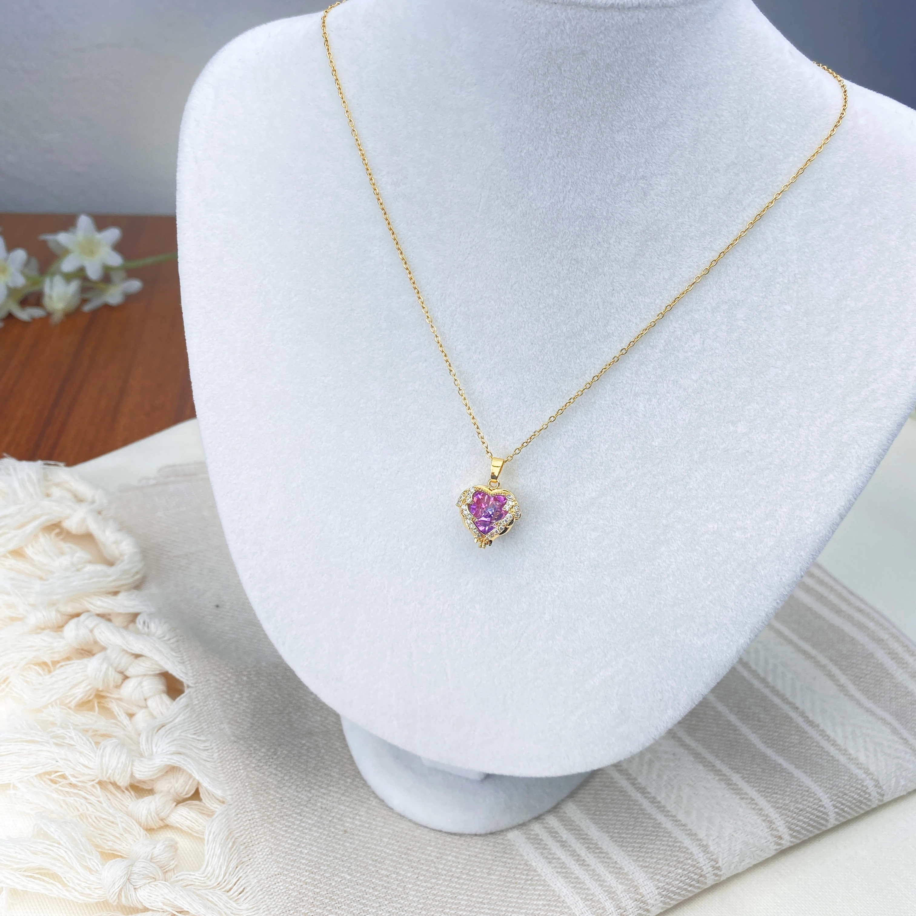 Mavi Mor Kolye Kalp Model Zirkon Taşlı Yüksek Kalite 316 L Paslanmaz Çelik Gold