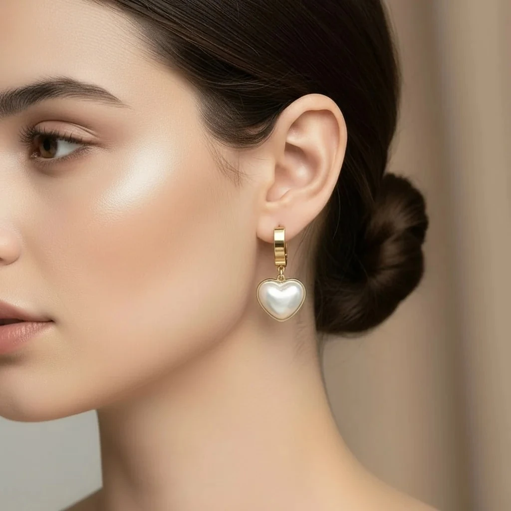 Kalp Küpe Sedef Taşlı Yüksek Kalite 316 L Paslanmaz Çelik Gold