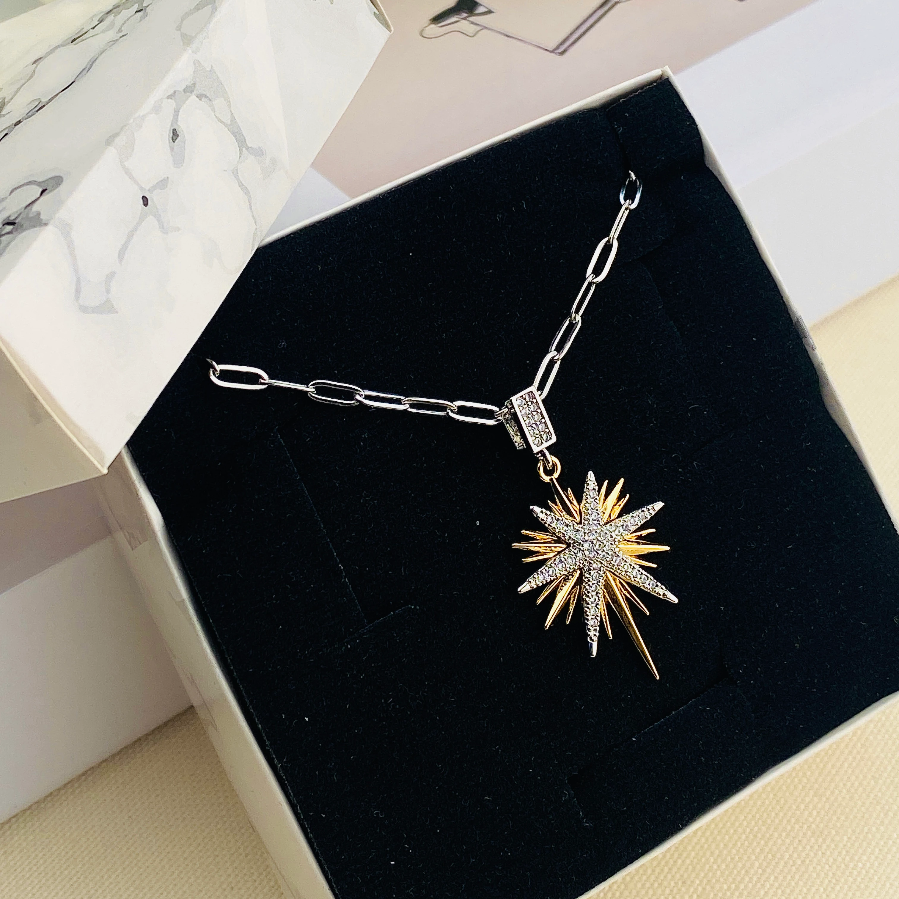 Kutup Yıldızı Kolye Çelik Kuzey Yıldızı Zirkon Taşlı 60+5cm