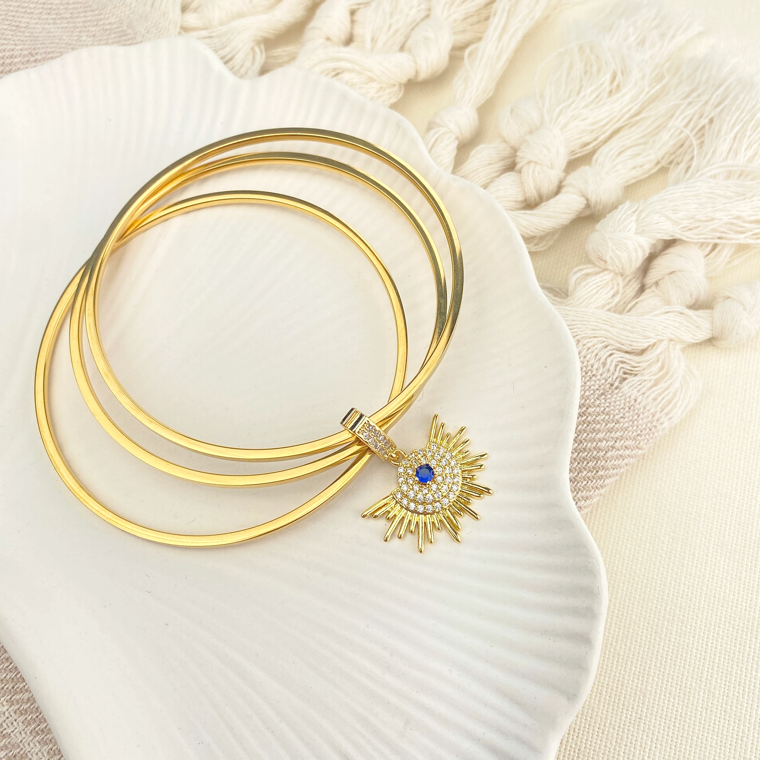 Çelik Ajda Bilezik Charmlı Ajda Bilezik 3lü Zirkon Taşlı Güneş Model