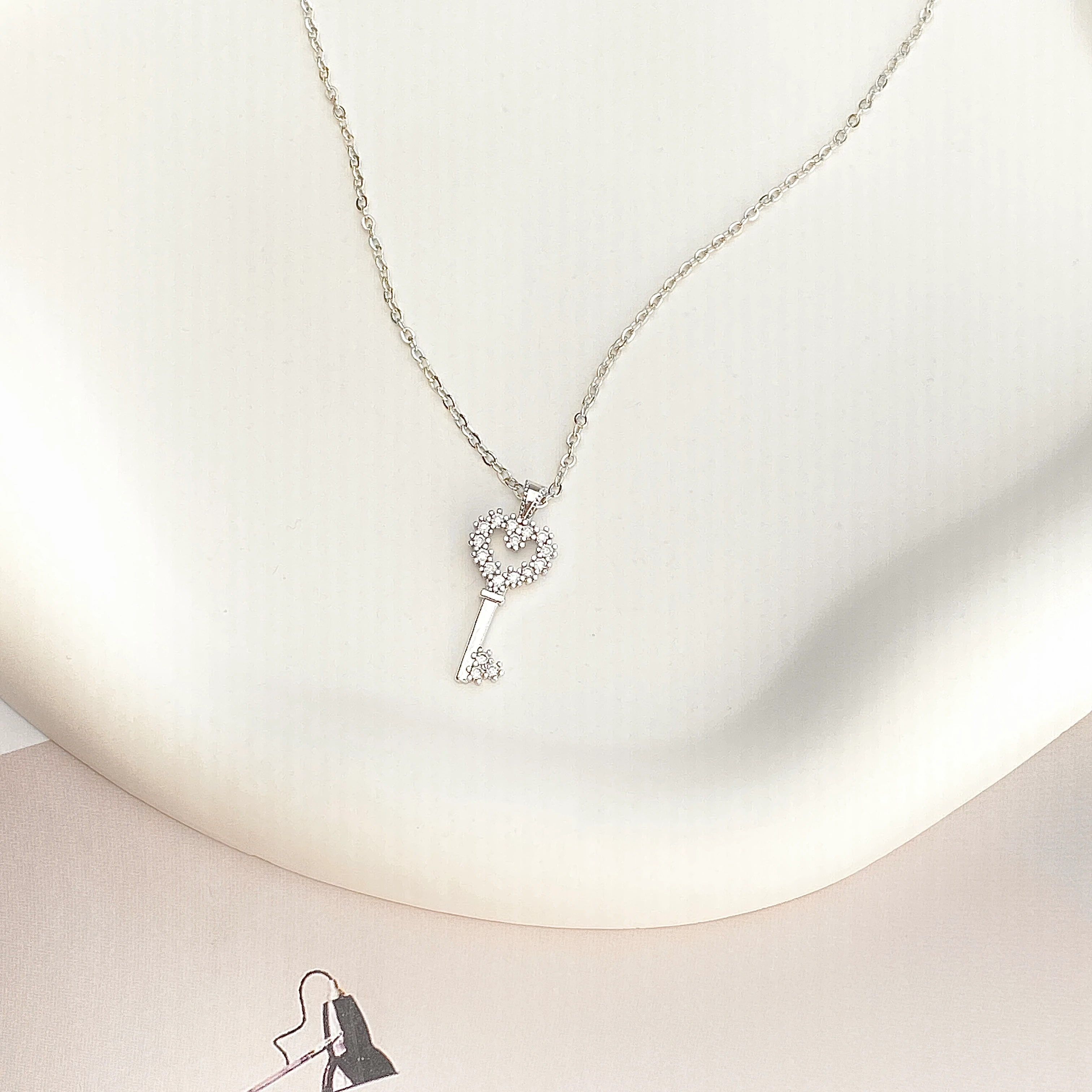 Anahtar Kolye Zirkon Taşlı Kalp Anahtar Kolye 45 cm