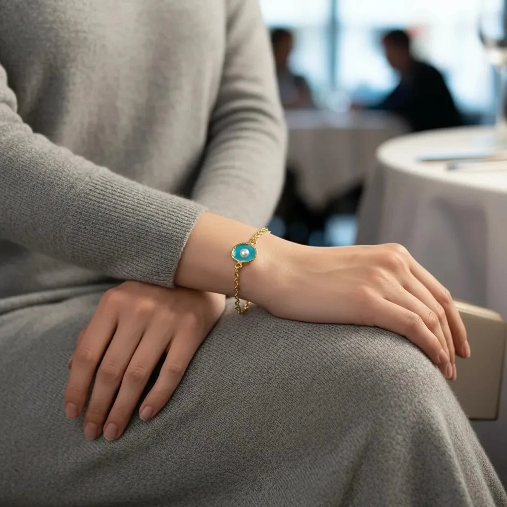 Mineli Bileklik İncili Deniz Kabuğu Bileklik Pirinç Gold 17+5cm