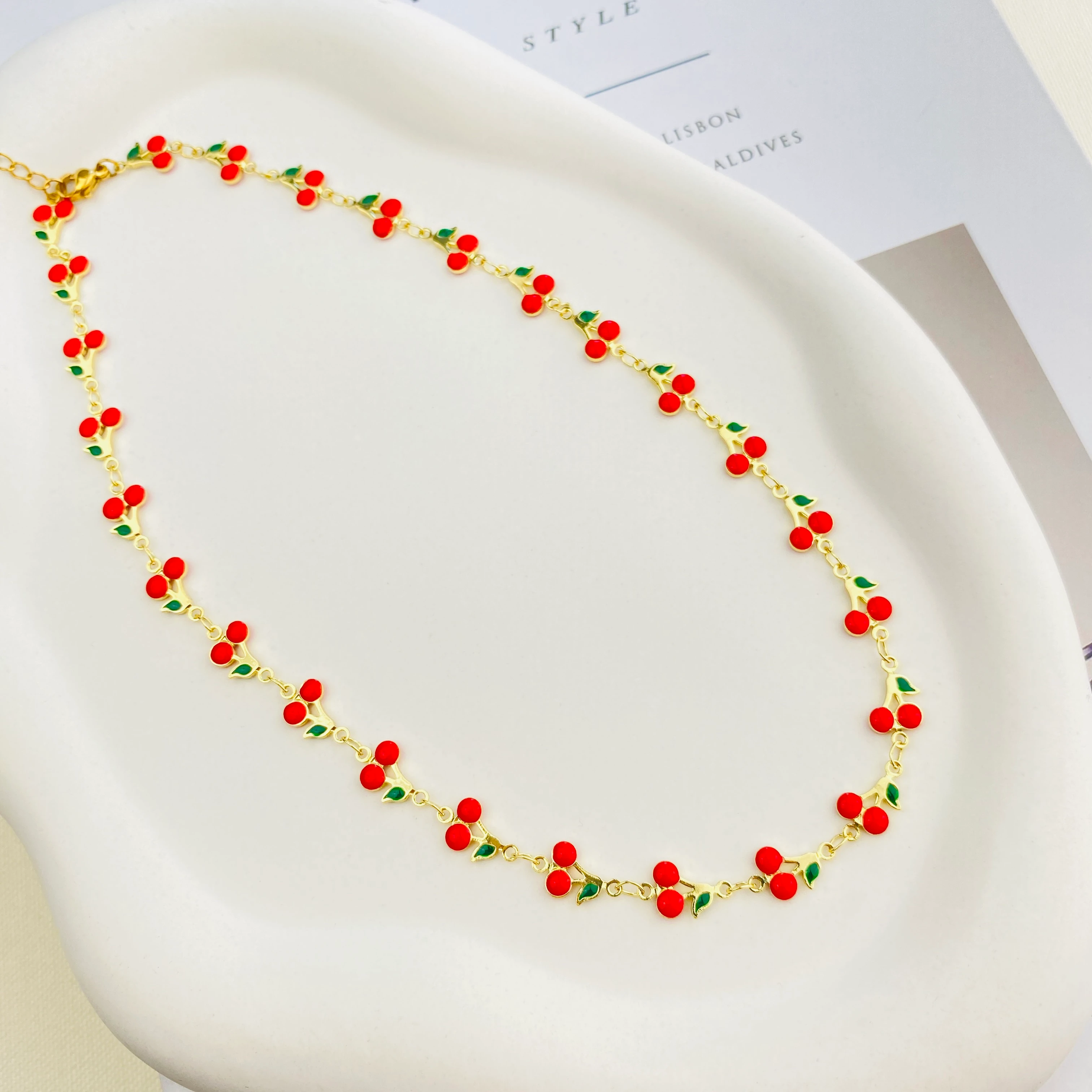 Kiraz Kolye Mineli Yaz Kolyesi Kararmaz Çelik Gold 45cm