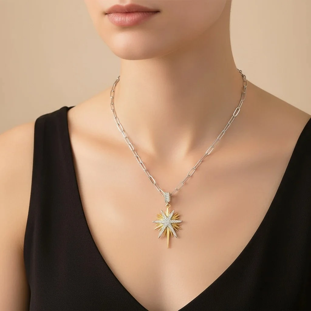 Kutup Yıldızı Kolye Çelik Kuzey Yıldızı Zirkon Taşlı 60+5cm