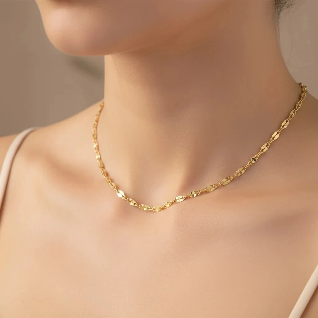 Ezme Kolye Kadın İtalyan Ezme Kolye Ezme Pullu Gold 50cm