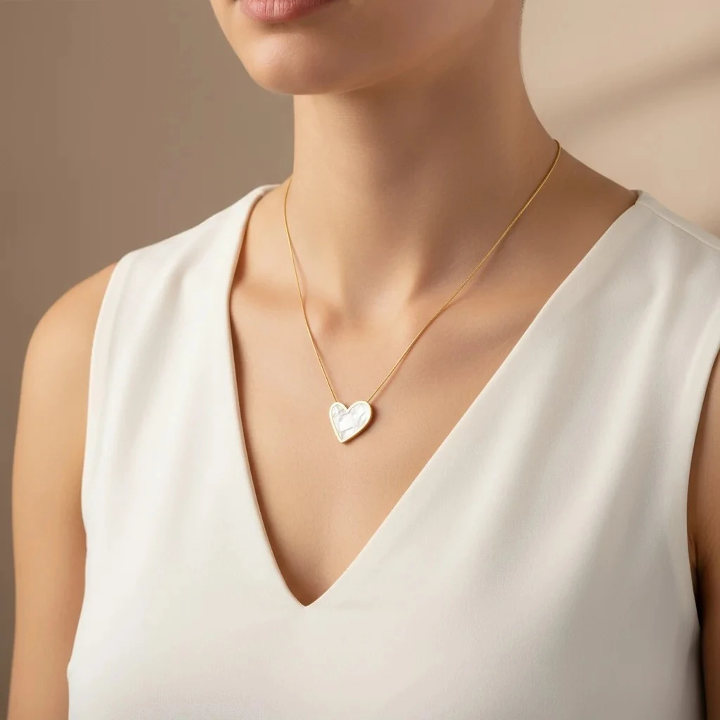 Kadın Kalp Kolye Sedef Kalp Kolye 316 L Paslanmaz Çelik Gold 41+5cm