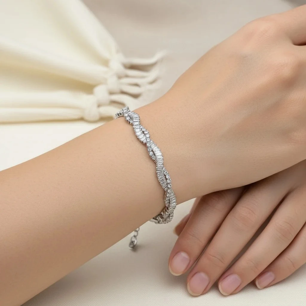 Su Yolu Çiftli Sarmal Bileklik Sarmaşık Model Zirkon Taş Silver