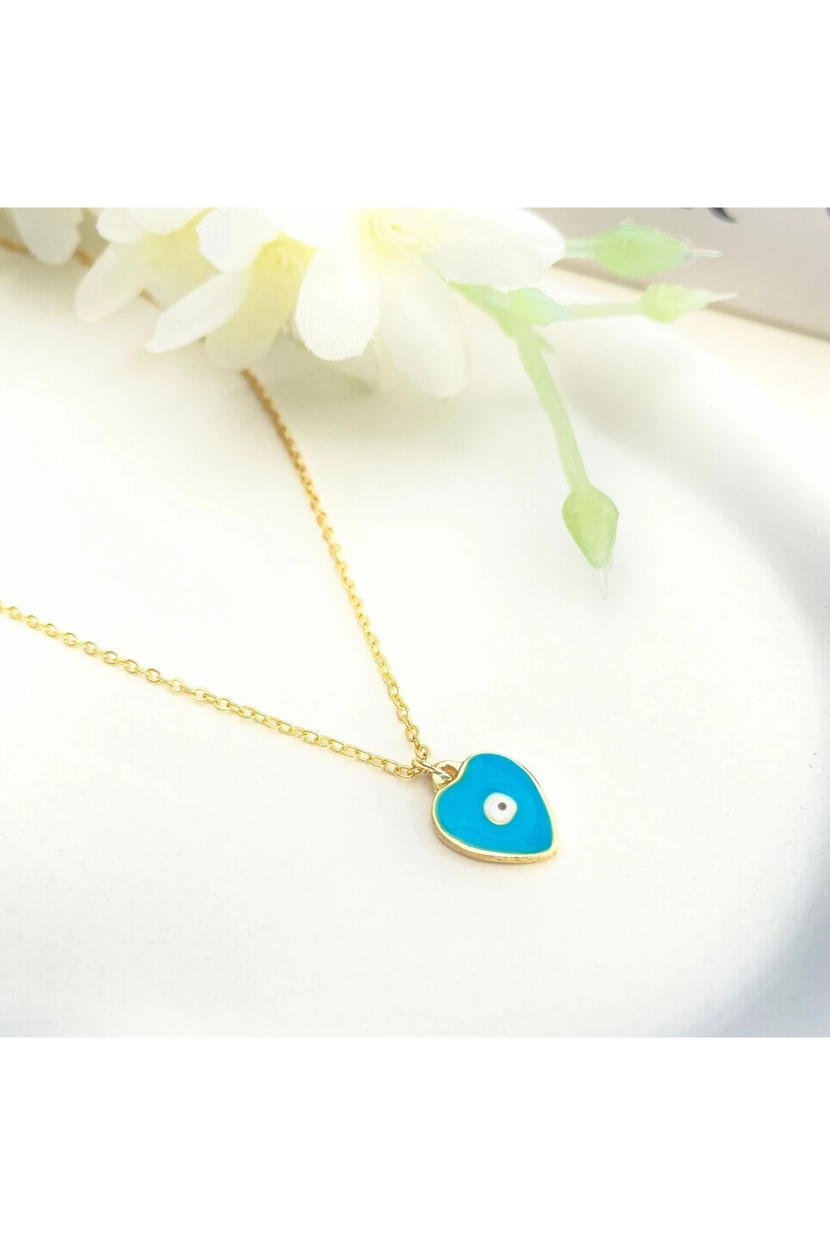 Mineli Kolye Mineli Kalp Nazar Boncuklu Gold 45 cm