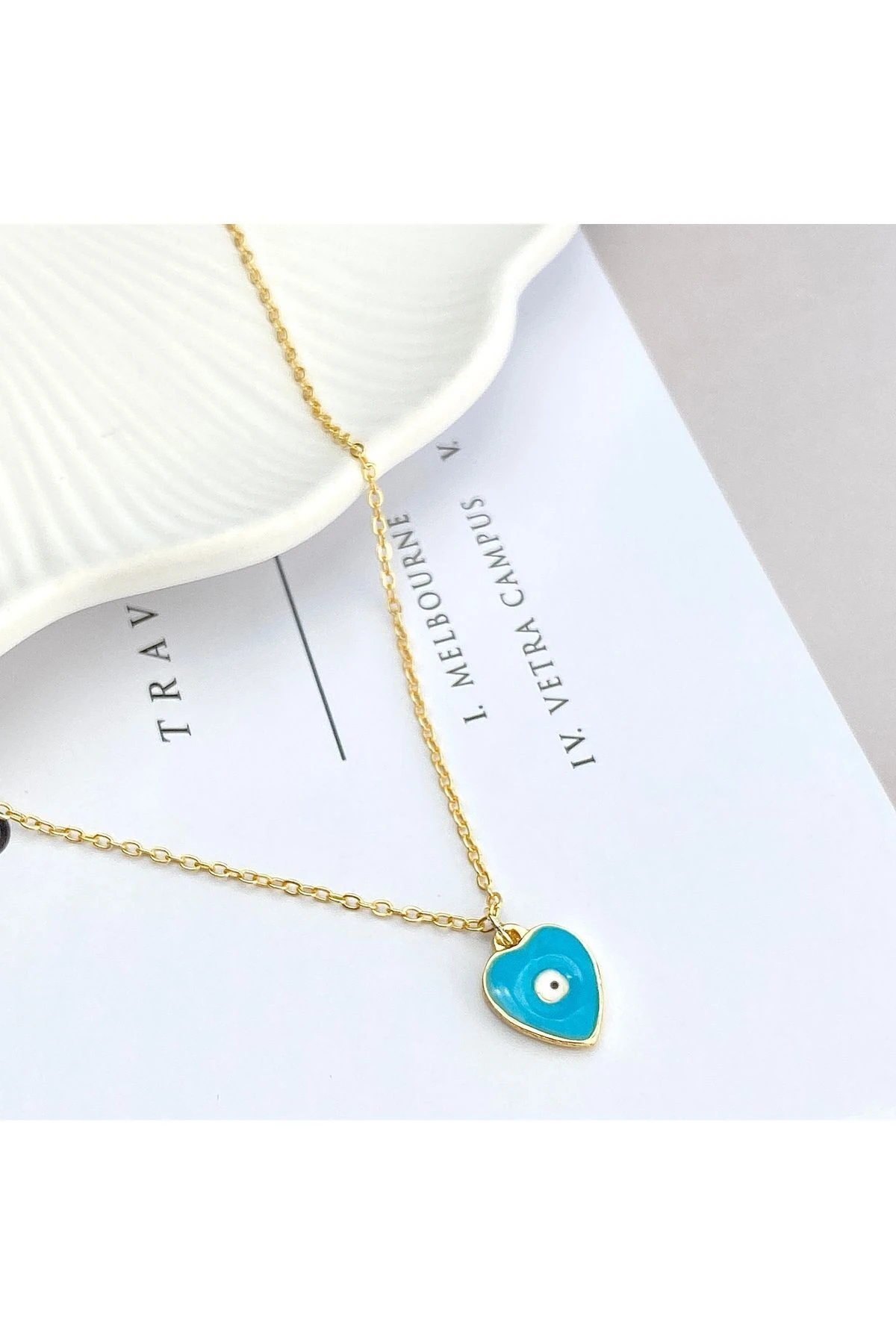 Mineli Kolye Mineli Kalp Nazar Boncuklu Gold 45 cm