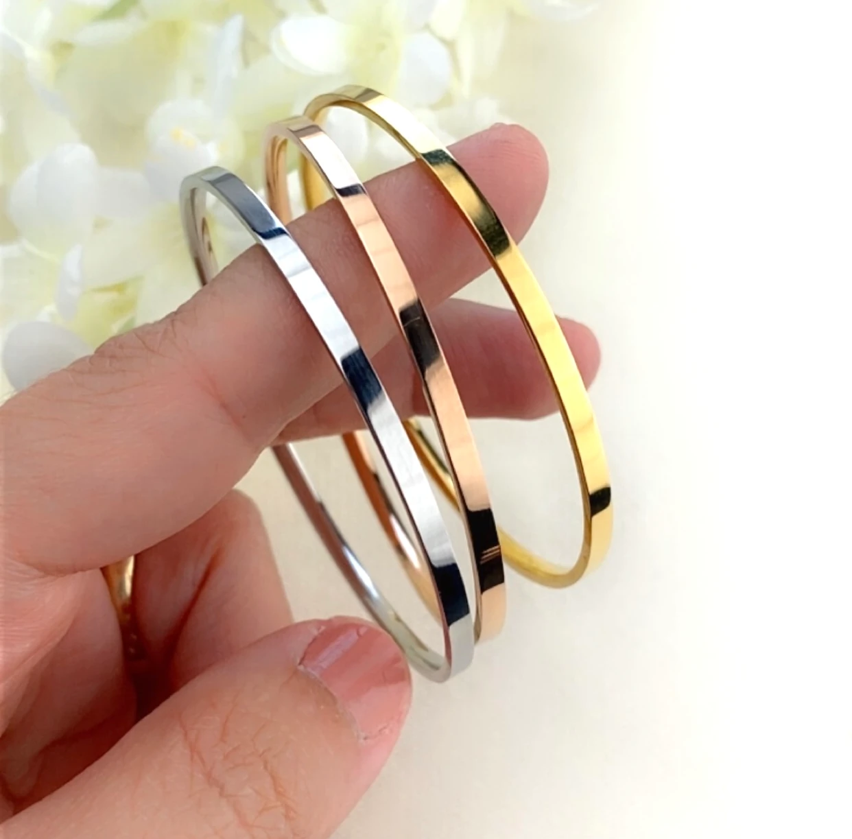 Çelik Ajda Bilezik Köşeli 3lü Çelik Ajda Bilezik Kararmaz Çelik Gold 22 cm