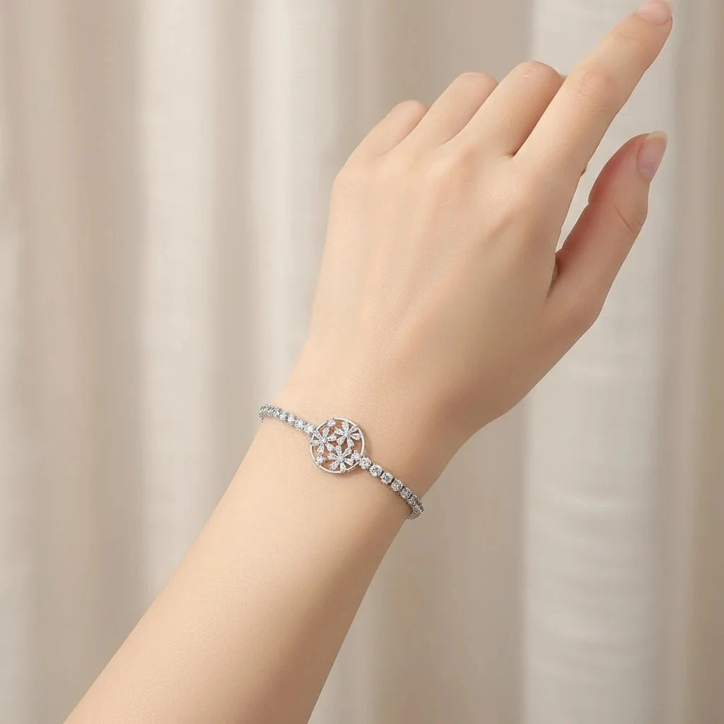 Su Yolu Bileklik Zirkon Taşlı Çiçek Detaylı Çelik Bileklik