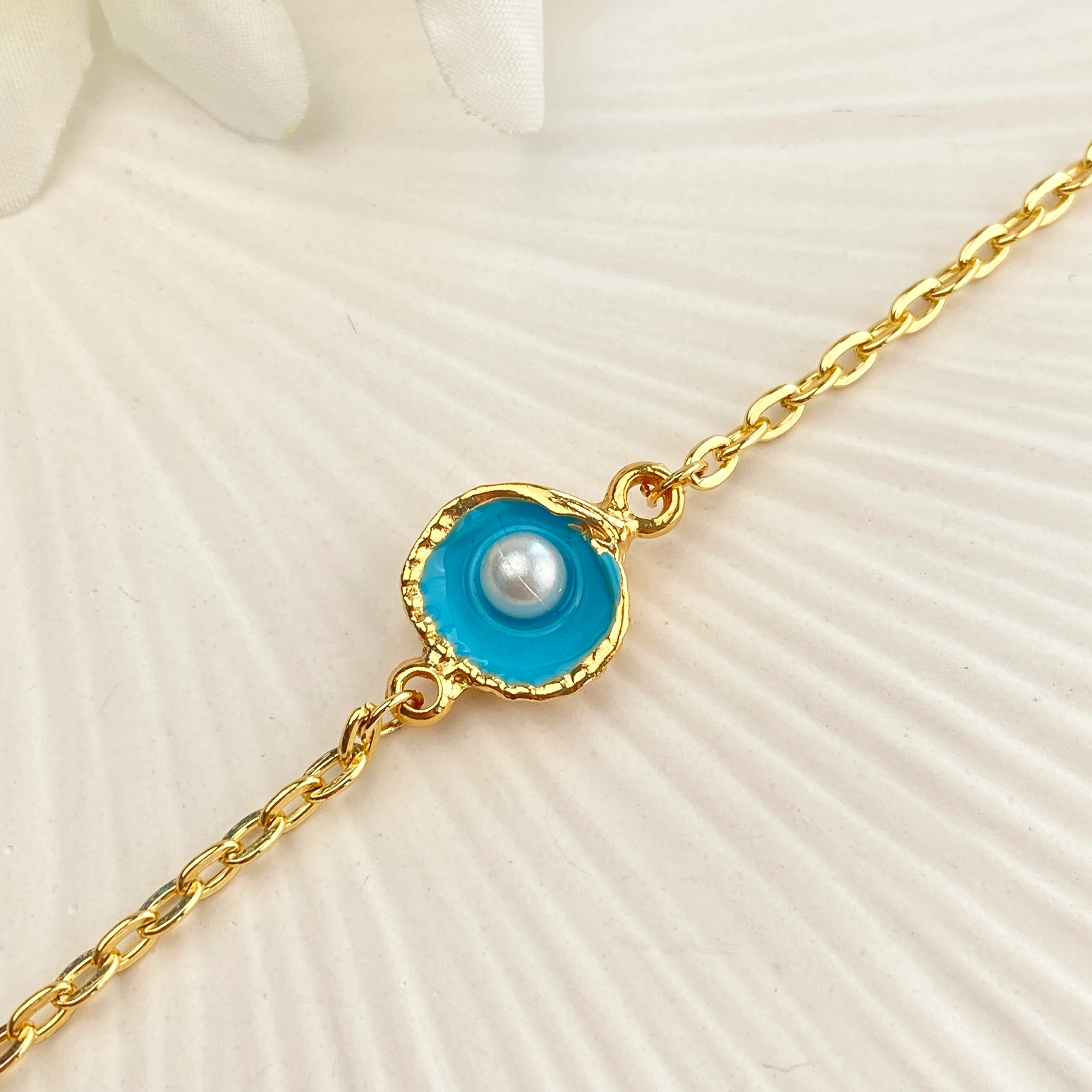 Mineli Bileklik İncili Deniz Kabuğu Bileklik Pirinç Gold 17+5cm