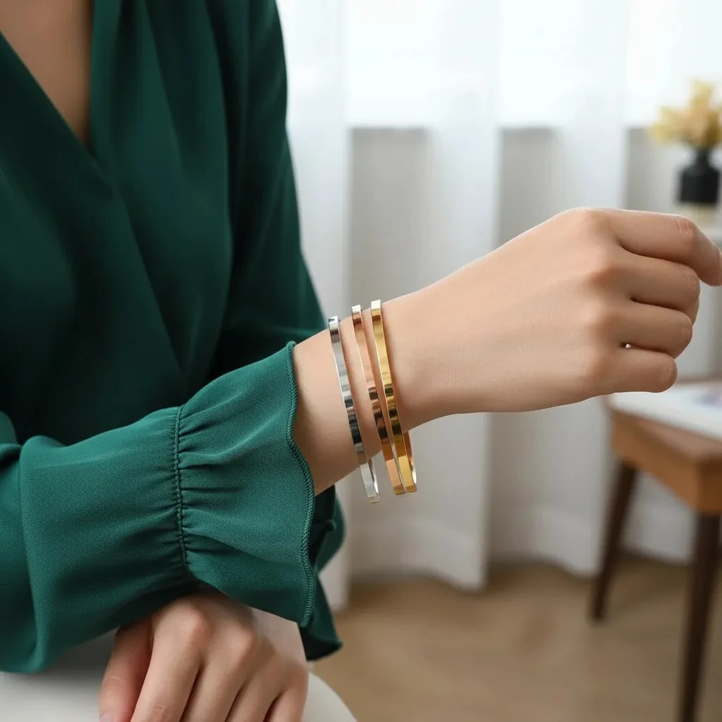 Çelik Ajda Bilezik Köşeli 3lü Çelik Ajda Bilezik Kararmaz Çelik Gold 22 cm