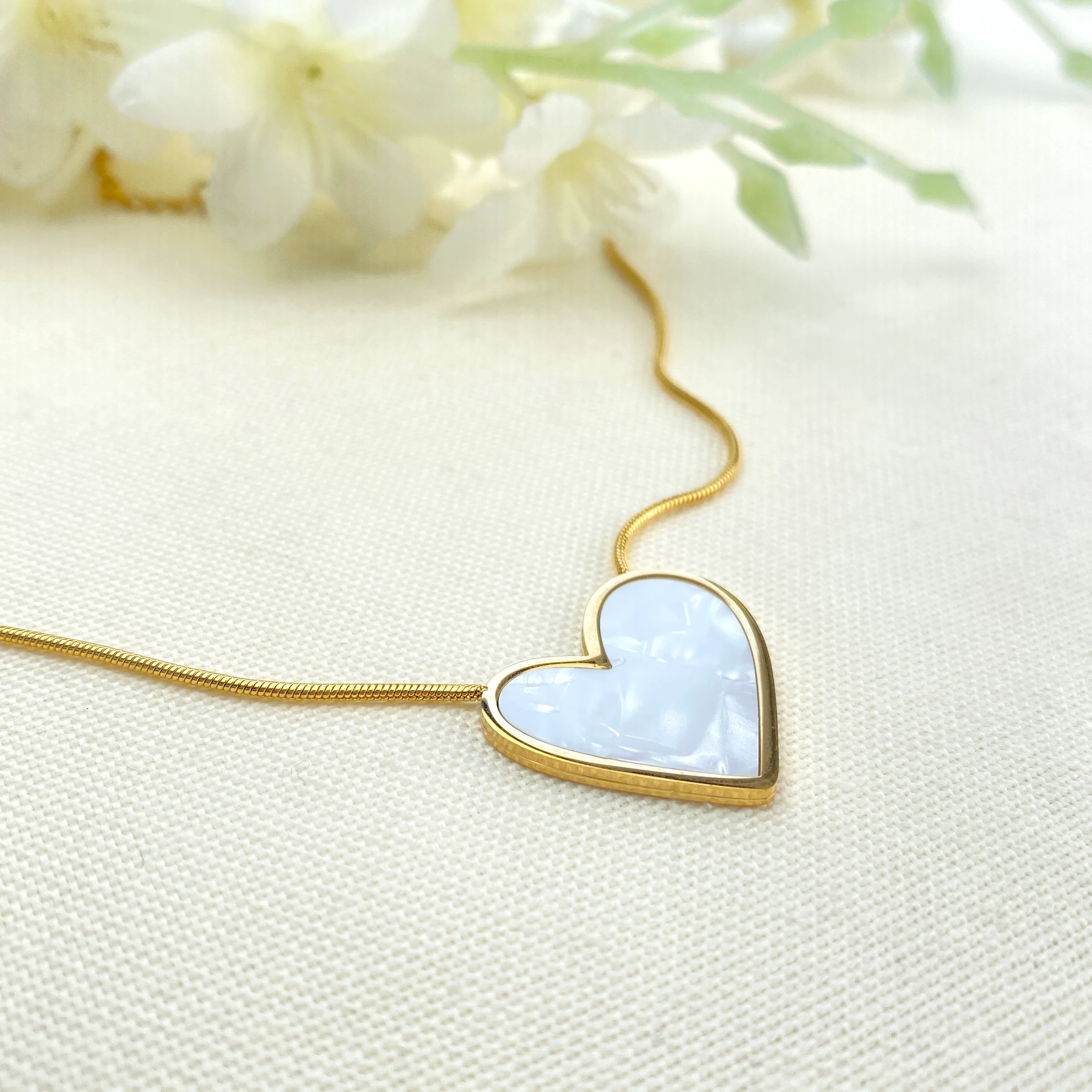 Kadın Kalp Kolye Sedef Kalp Kolye 316 L Paslanmaz Çelik Gold 41+5cm