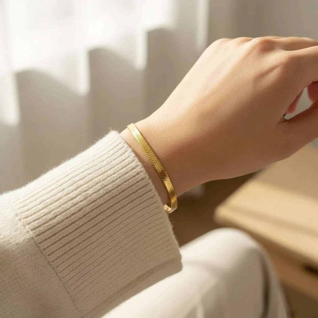 İtalyan Bileklik Yassı Model Kadın Bileklik Kararmaz Çelik Gold 17+3cm