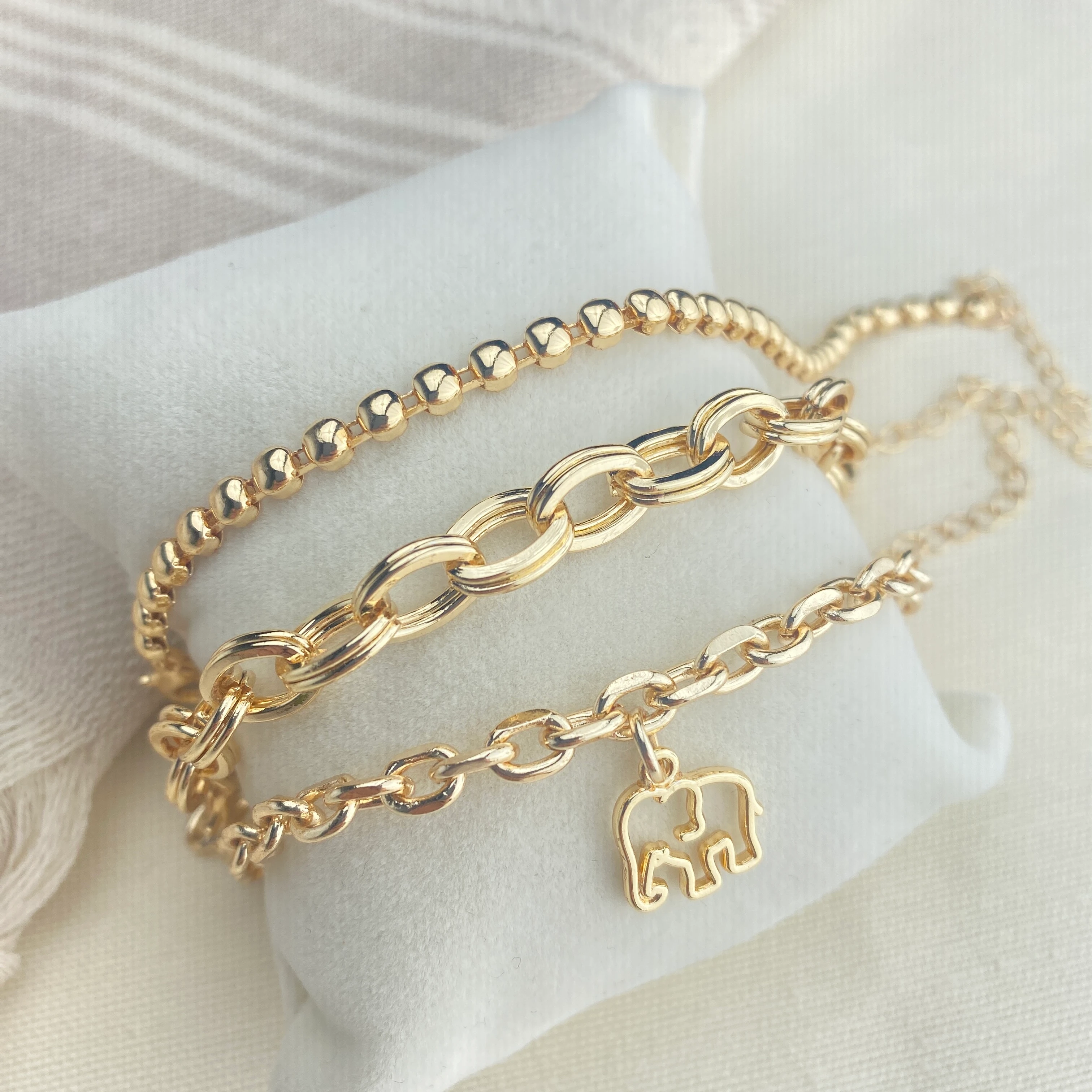 Kadın Bileklik 3 lü Kombin Bileklik Seti Fil Figürlü Zincir Bileklik