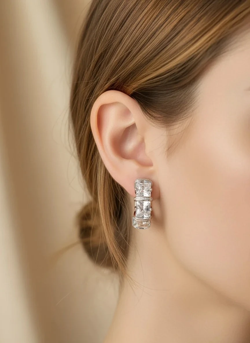 Kare Taşlı Küpe Yüksek Kalite 316 L Paslanmaz Çelik Silver