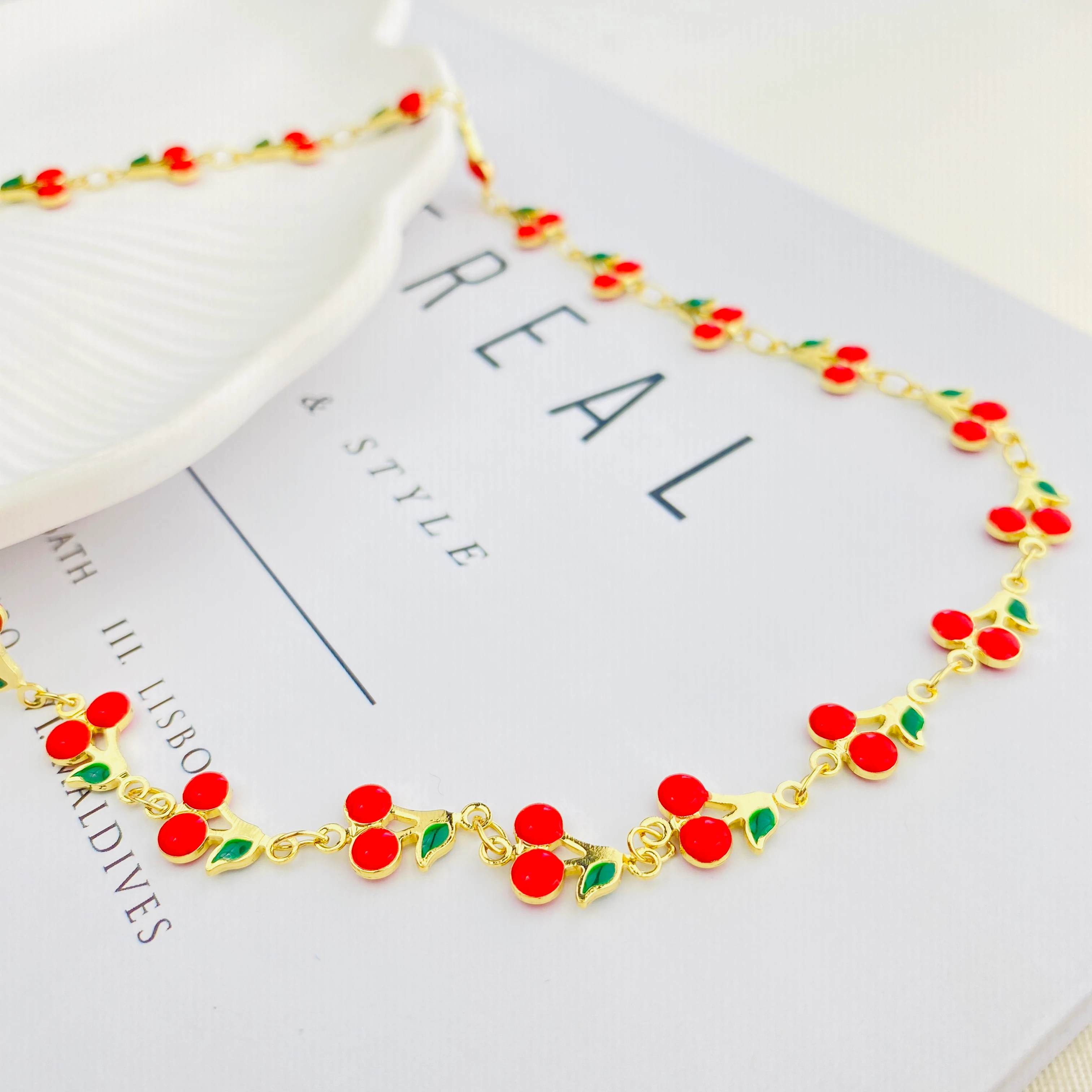 Kiraz Kolye Mineli Yaz Kolyesi Kararmaz Çelik Gold 45cm