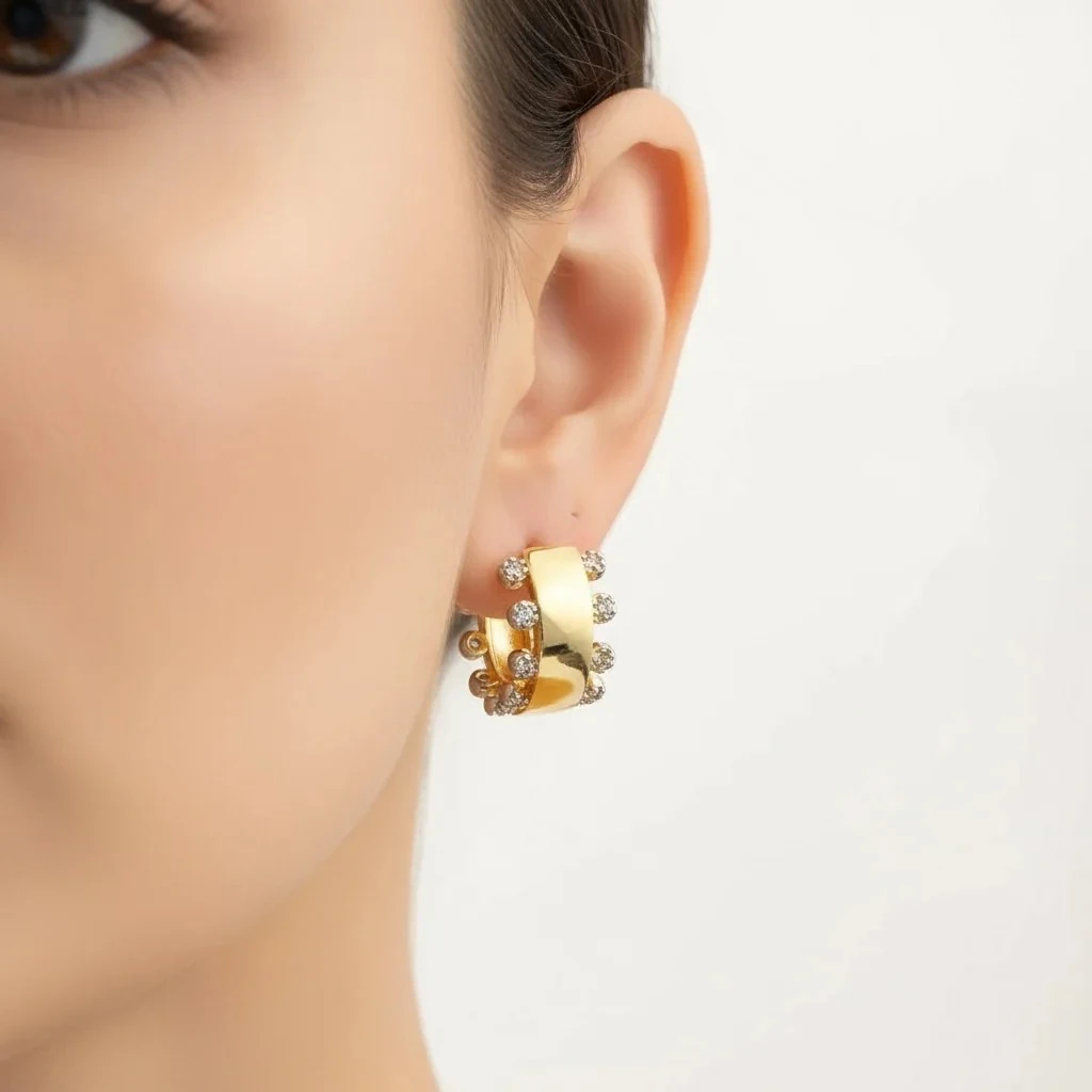 Halka Küpe Nokta Zirkon Taşlı Gold