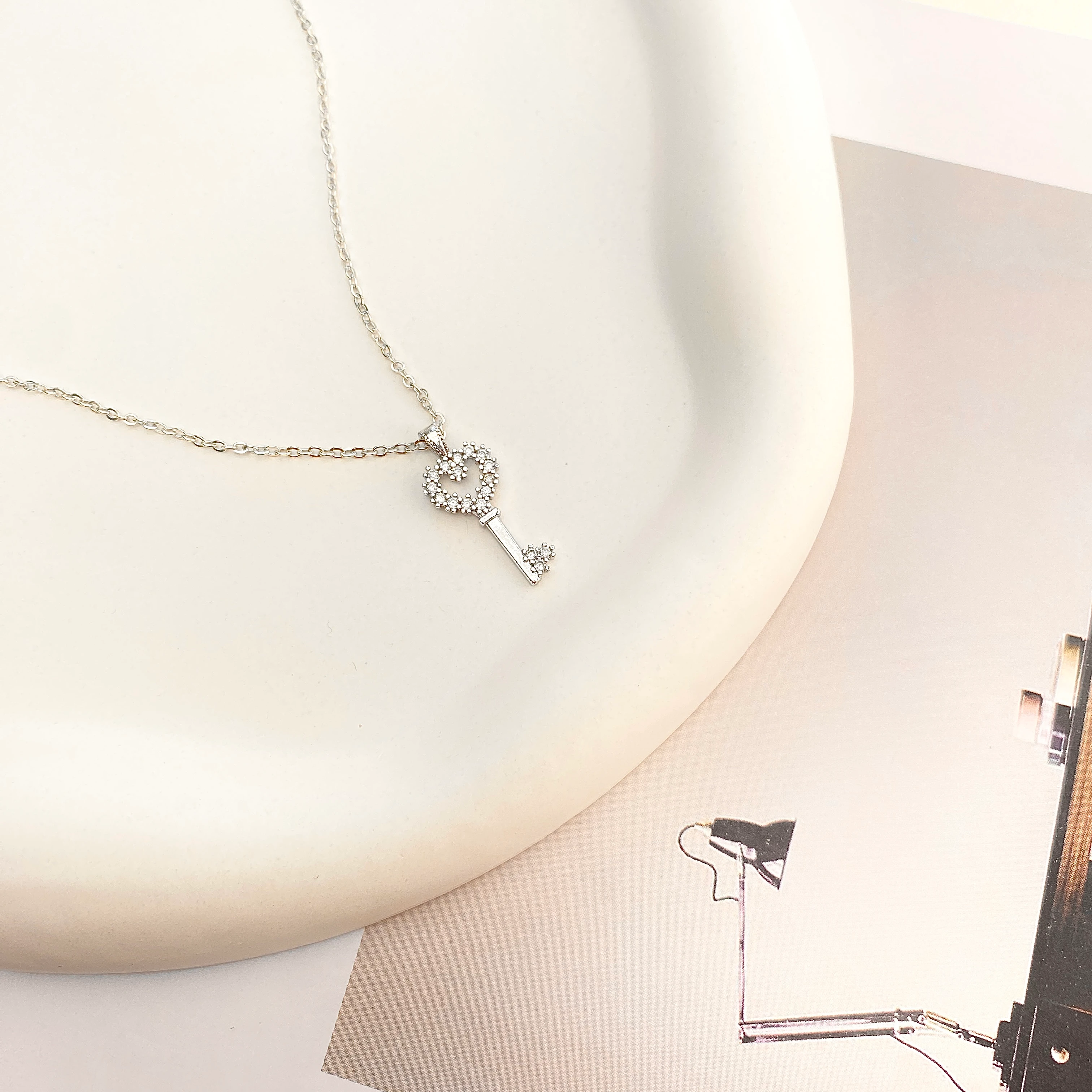 Anahtar Kolye Zirkon Taşlı Kalp Anahtar Kolye 45 cm