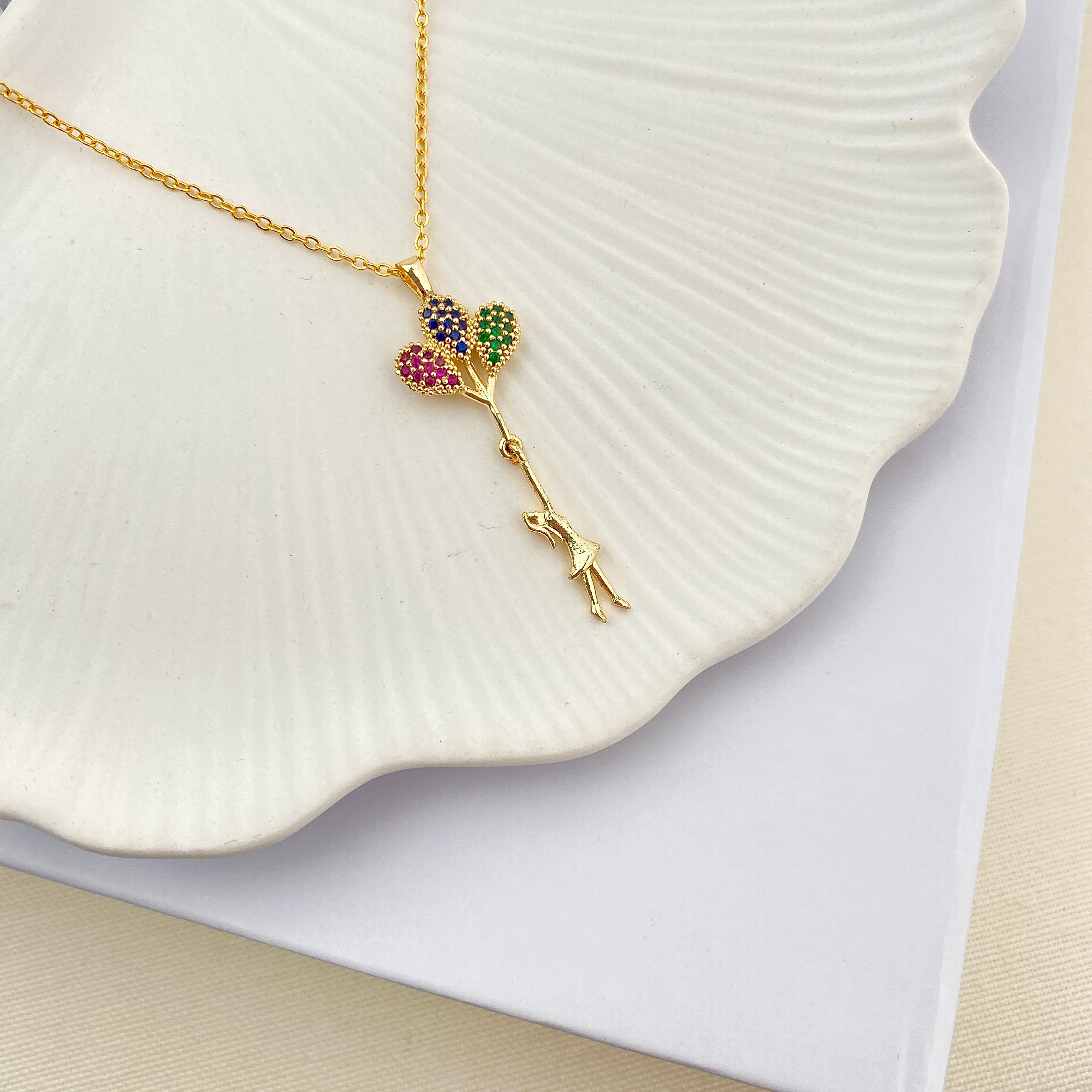 Balonlu Kız Kolye Uçan Balon Kadın Kolye Zirkon Taşlı Gold 45cm