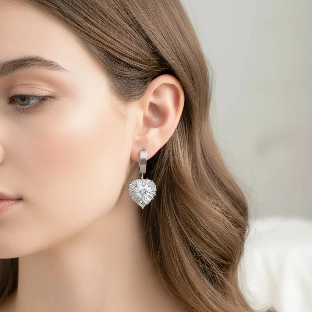 Kalp Küpe Pırlanta Model Damla Kalp Zirkon Taş Sallantılı 316 L Paslanmaz Çelik Silver