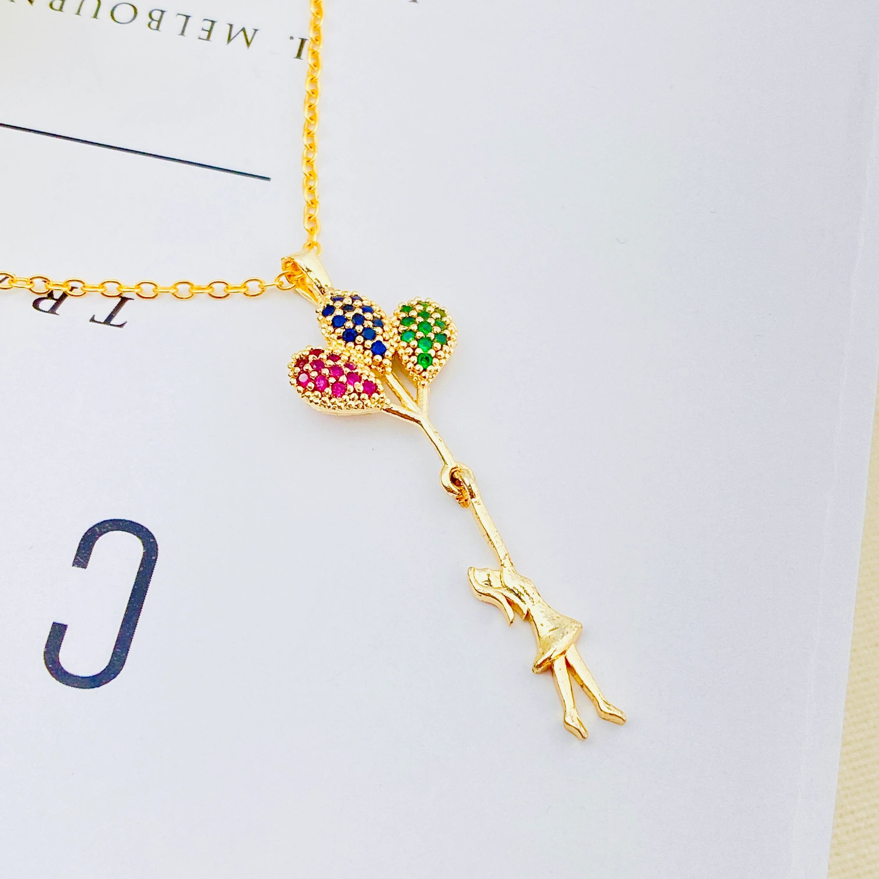 Balonlu Kız Kolye Uçan Balon Kadın Kolye Zirkon Taşlı Gold 45cm